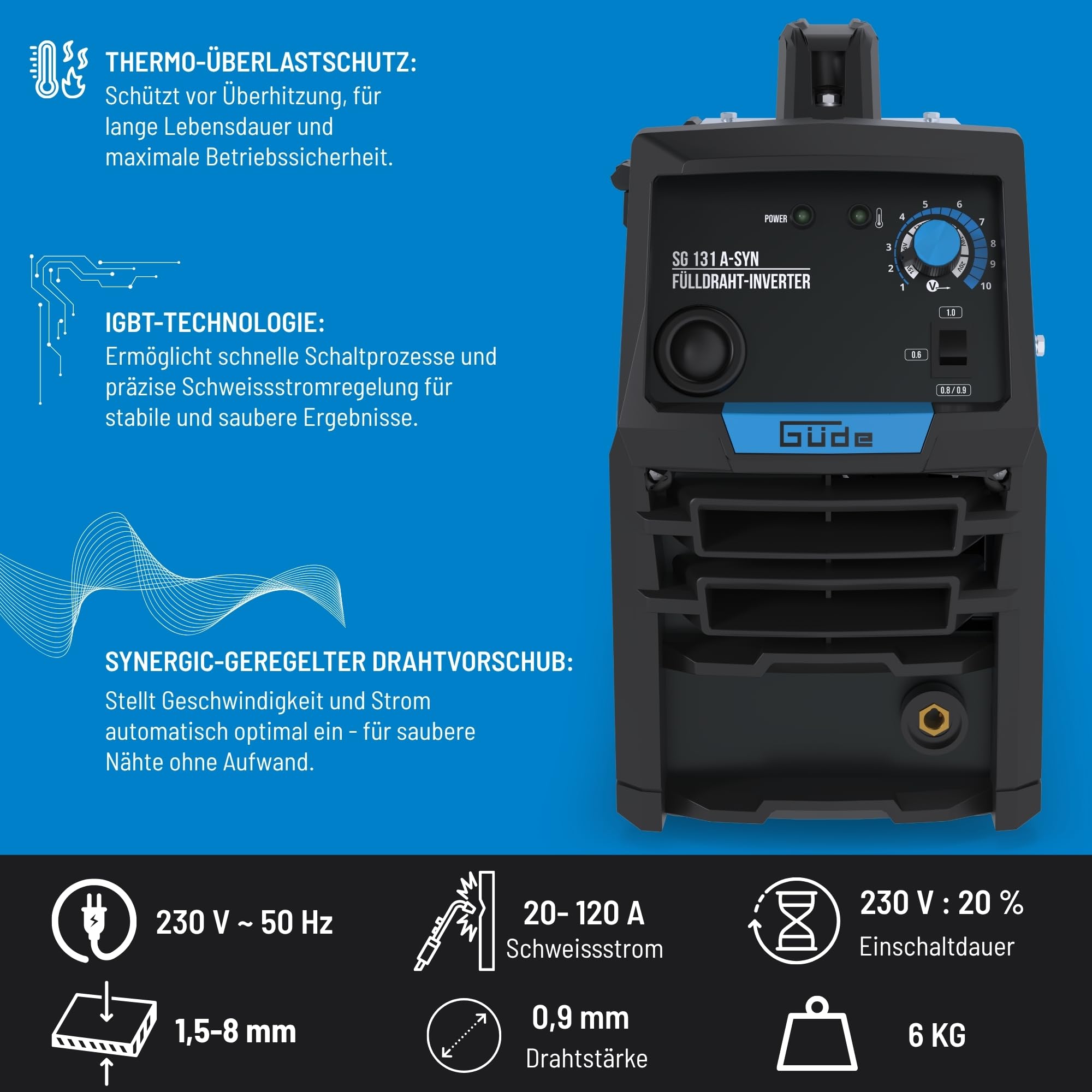 Güde Spawarka do drutu napełniającego SG 131 A-SYN (230 V, technologia inwerterowa, do drutu 9 mm, maks. natężenie prądu 120 A, w zestawie osłona spawalnicza, pakiet węży, drut wypełniający, młotek