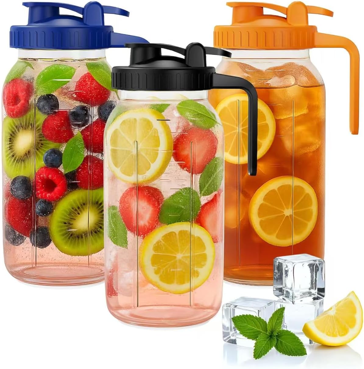 64oz Mason Jar Pitcher - Airtight & Leakproof Glass Pitchers with Handle and Lid, Perfect for Breastmilk, Cold Brew and Sun Tea for Outside,2 Quart Mason Jar with Pour Spout Lid,1/2 Gallon Water Jug