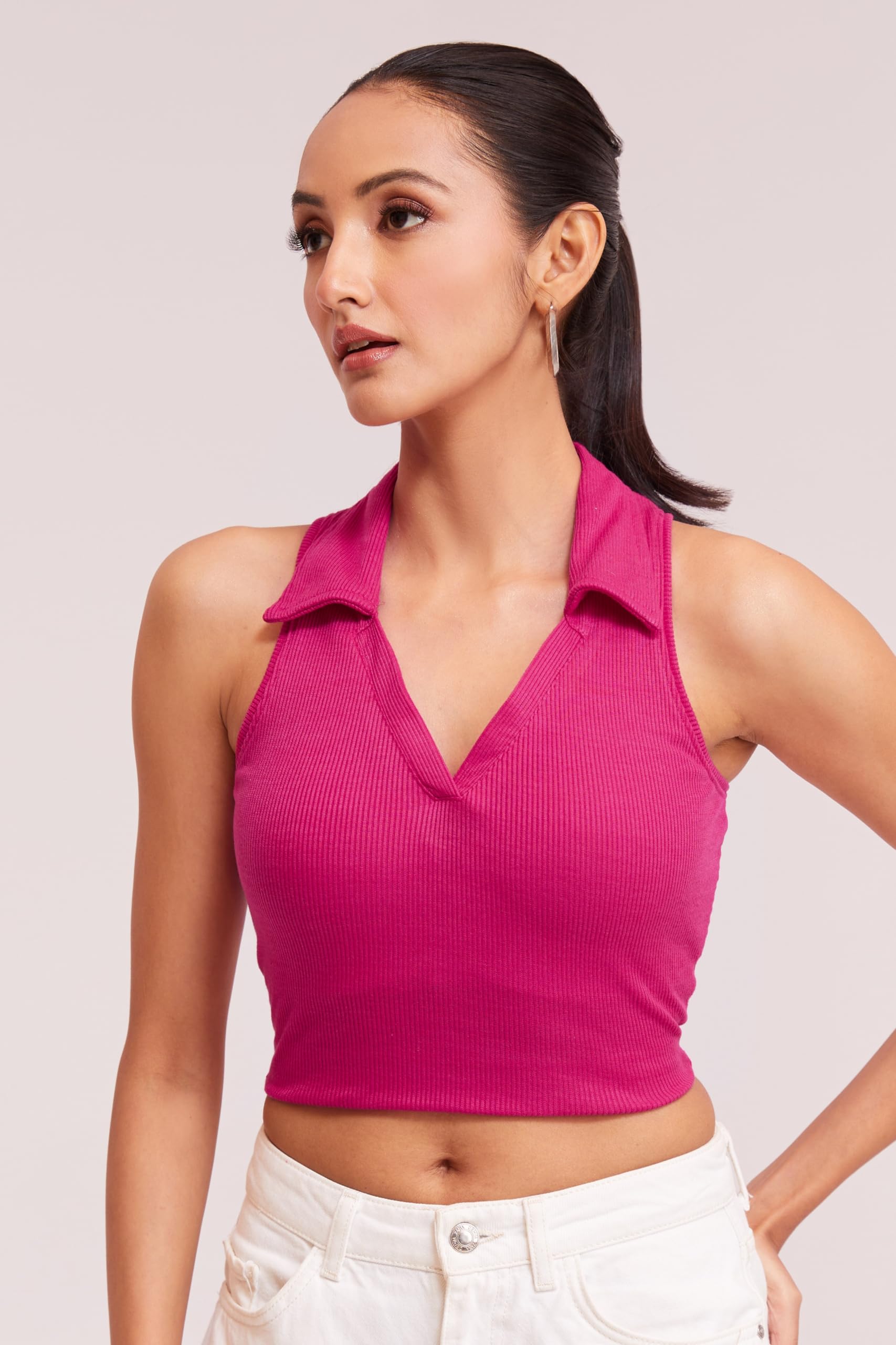 BERRY BIRD® Stylish Sleeveless V-Neck Slim Fit Collar Ribbed Knit Tank Crop Tops for Women & Girls Beach and Gym Wear and Western Trendy Fashion Pink 3