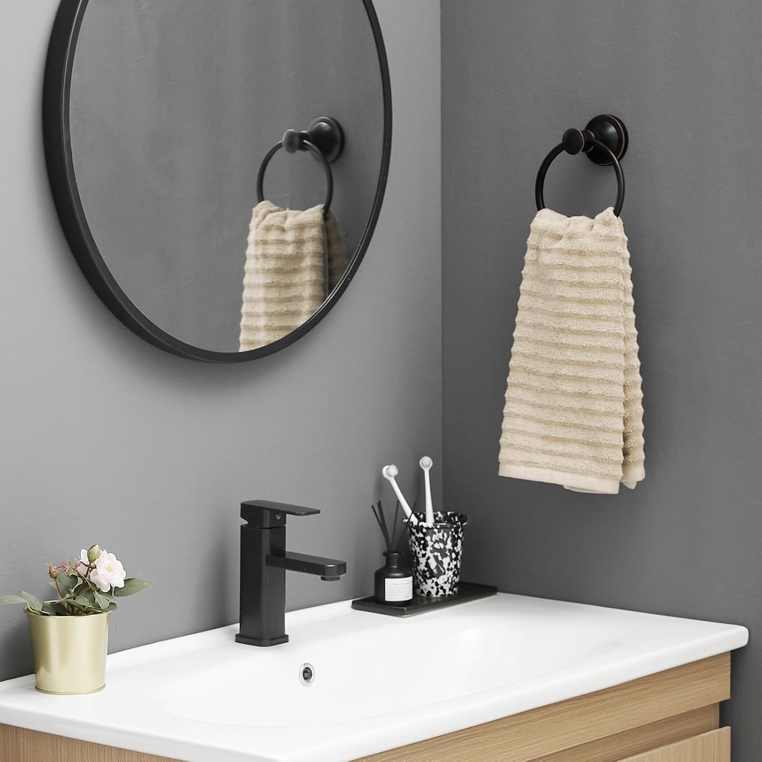 BESy Oil Rubbed Bronze Bathroom Hand Towel Ring Towel Holder Toilet Paper Holder Free Standing Bathroom Toilet Tissue Holder Stand for Floor Toilet Paper Roll Holder with Storage