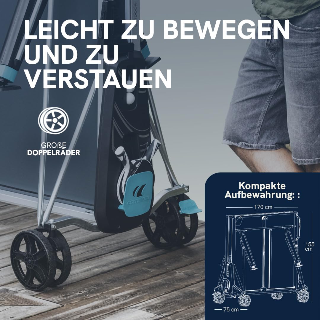 Cornilleau 400X - Outdoor Tischtennisplatte - Klappbar - Wetterfest - Robust - Rollbar - Tischtennistisch für draußen mit 5 mm Melaminharzplatte - Blau oder Grau