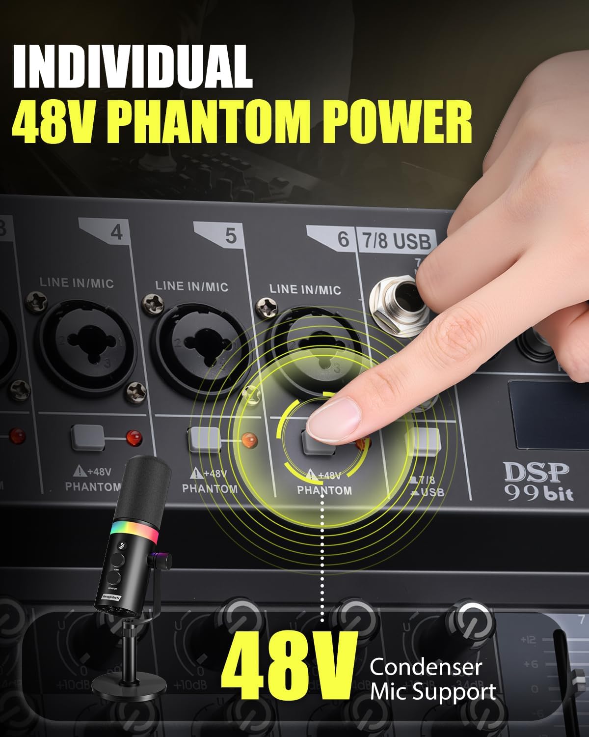 8 Channel mixer professional Audio Mixer, dj mixer with Individual Channel Control, per-channel 48V switching and USB Audio Recording & Editing via Computer