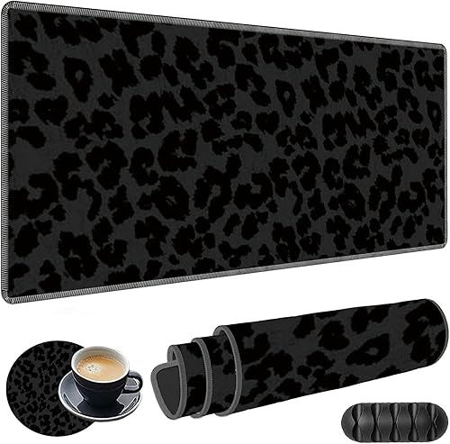 Alfombrilla de mouse grande para juegos más un posavasos + clips para cable, alfombrilla de mouse extendida con estampado de leopardo negro (31.5 x