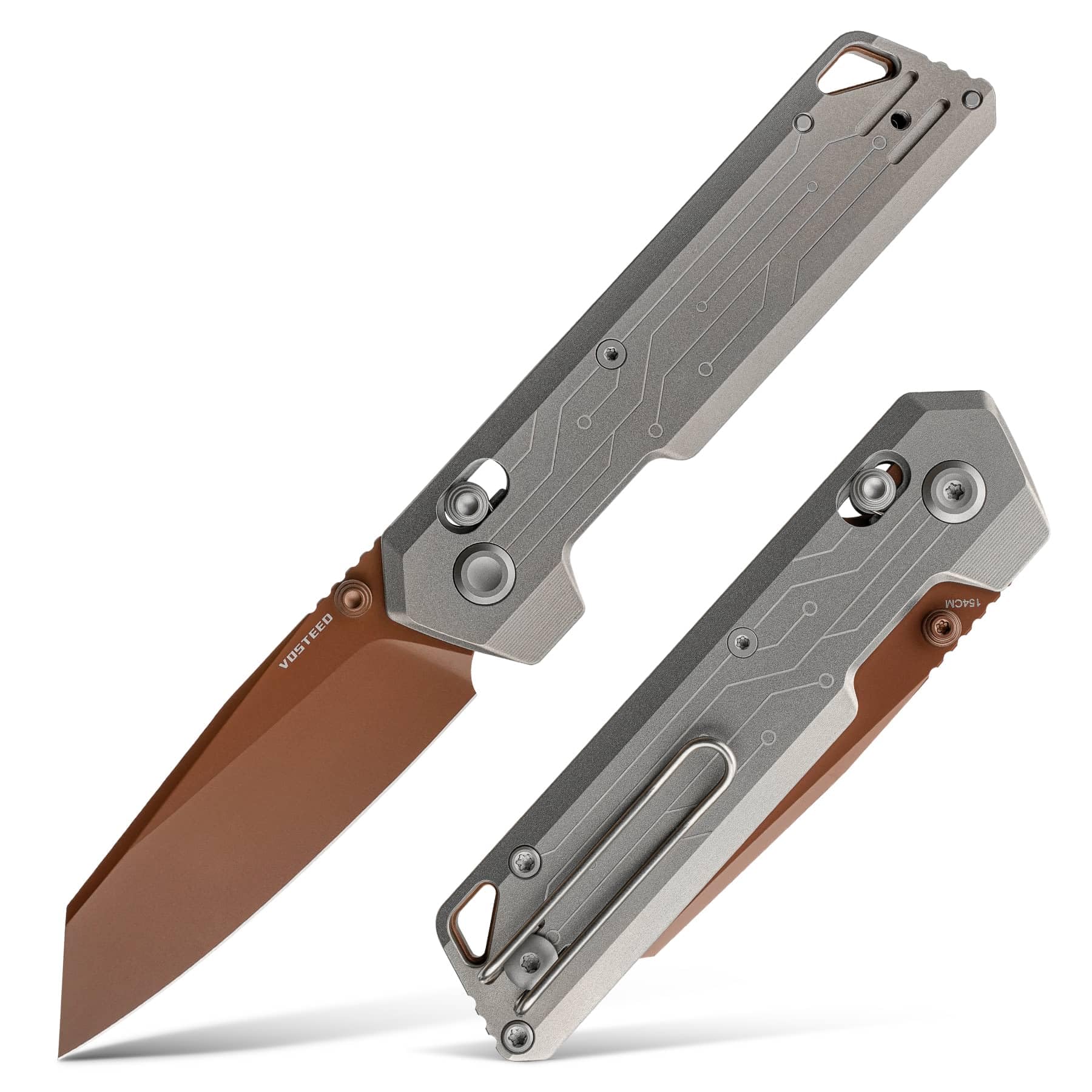 Vosteed Parallel Ultra Thin Folding Pocket Knife - 2.90" 154CM Copper Dune Blade, Reverse Tanto - Crossbar Lock, Circuit Titanium Handle - Outdoors, Camping Knives - A3520