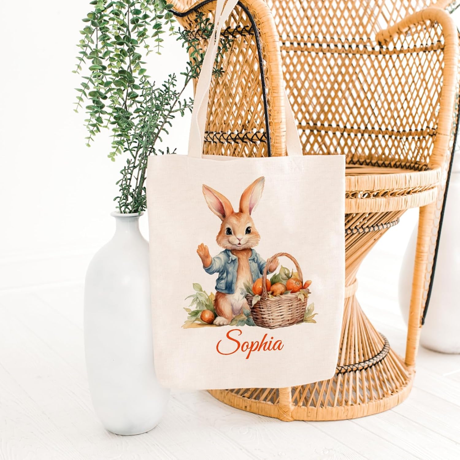 Custom Easter Canvas Tote Bags, Bunny Treat Easter Egg Hunt Bag with Personalized Name for Girls Boys - Image 5