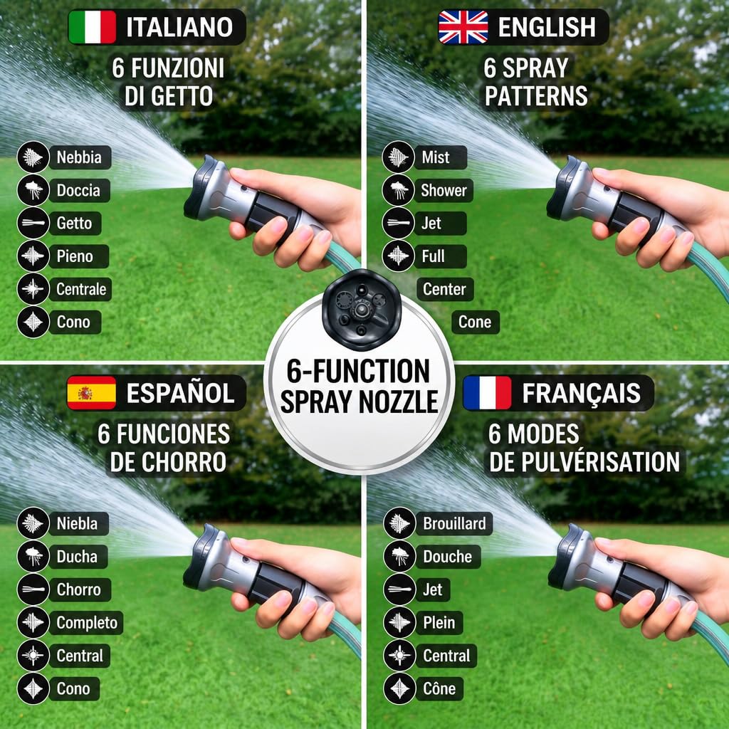 Idroeasy, manguera de jardín extensible de 30 metros con cabezal de ducha de 6 funciones y accesorios, manguera de jardín antitorsión y antinudos de 1/2", extensible hasta 3 veces, Made In Italy