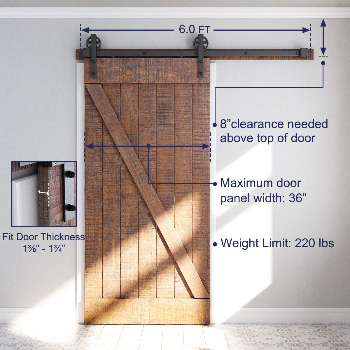 SMARTSTANDARD 6 Feet Heavy Duty Sliding Barn Door Hardware Kit, 4FT - 18FT, Black, Smoothly and Quietly, Simple and Easy to Install, Fit 36" Wide Panel (Industrial Bigwheel Hangers)