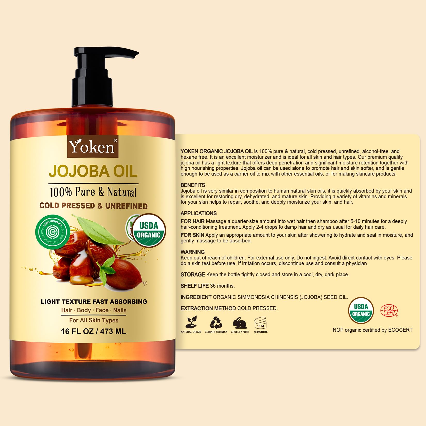 Yoken Pure Jojoba Oil Organic USDA Certified 16 fl oz, 100% Natural Jojoba Oil for Hair, Skin & Face, Cold Pressed Unrefined, Deeply Moisturizing Body Carrier Oils for Essential Oils Mixing