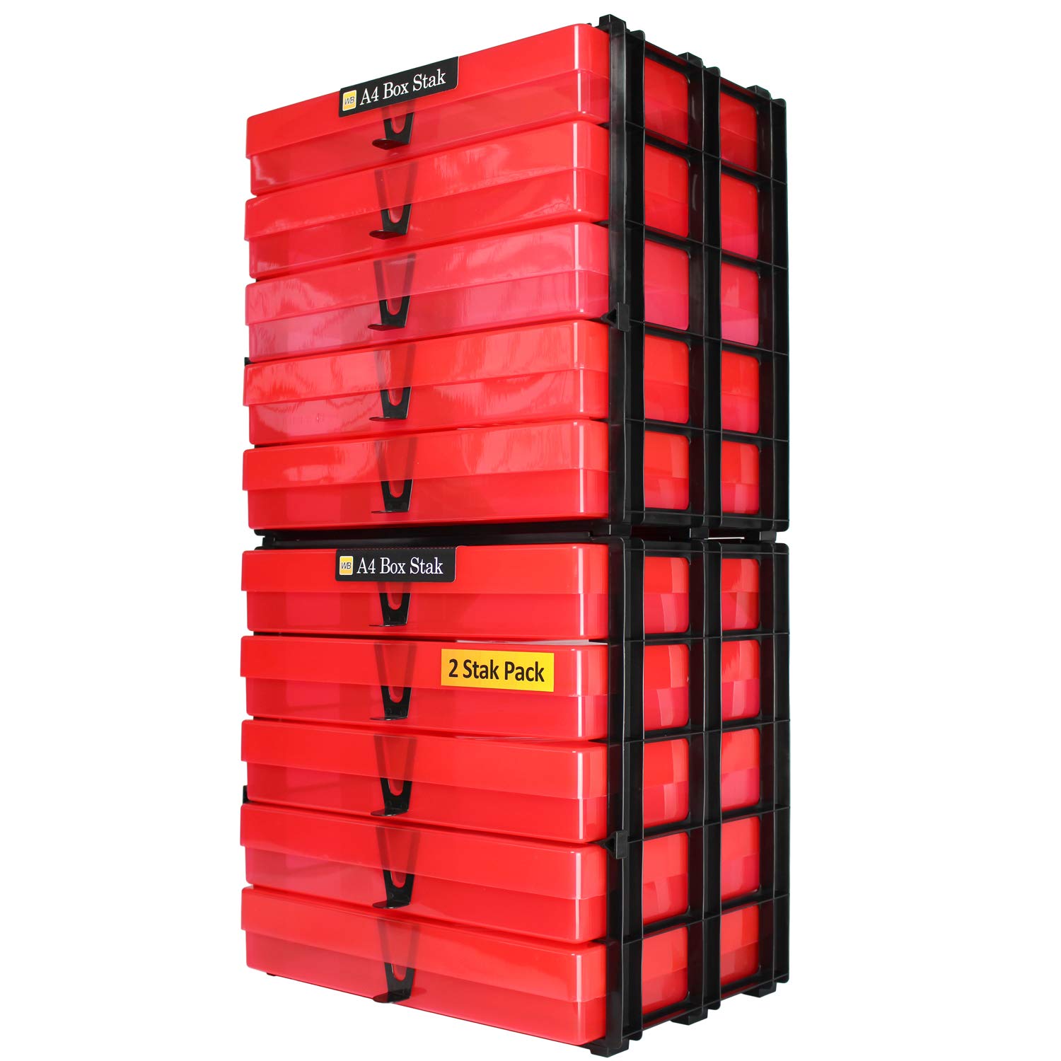WestonBoxes A4 Box Stak, Stackable Craft Storage Box Unit Including Plastic A4 Storage Boxes with Lids (Red, Pack of 2)