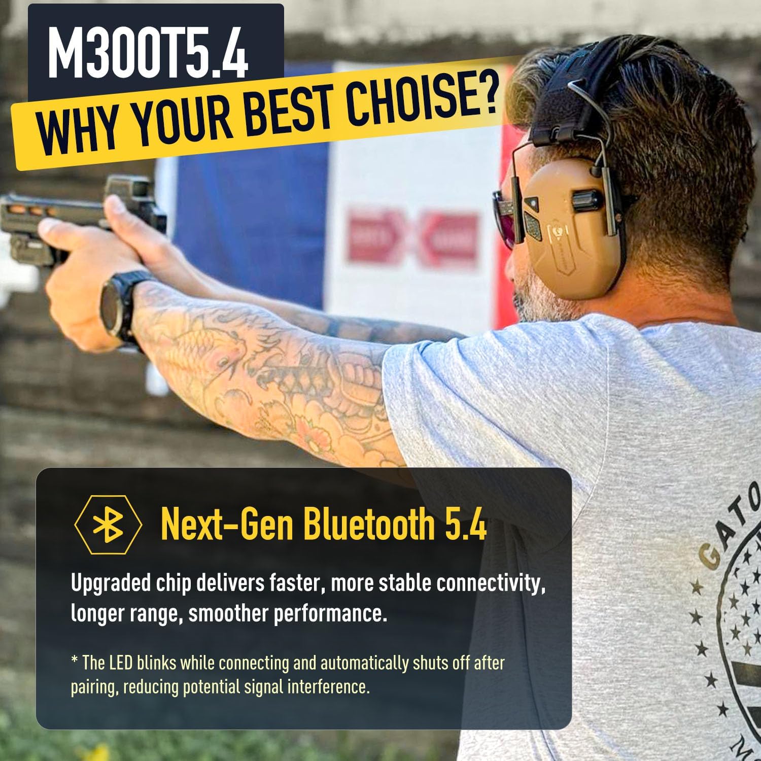 Man wearing EARMOR M300T earmuffs while shooting, highlighting Bluetooth 5.4 connectivity.