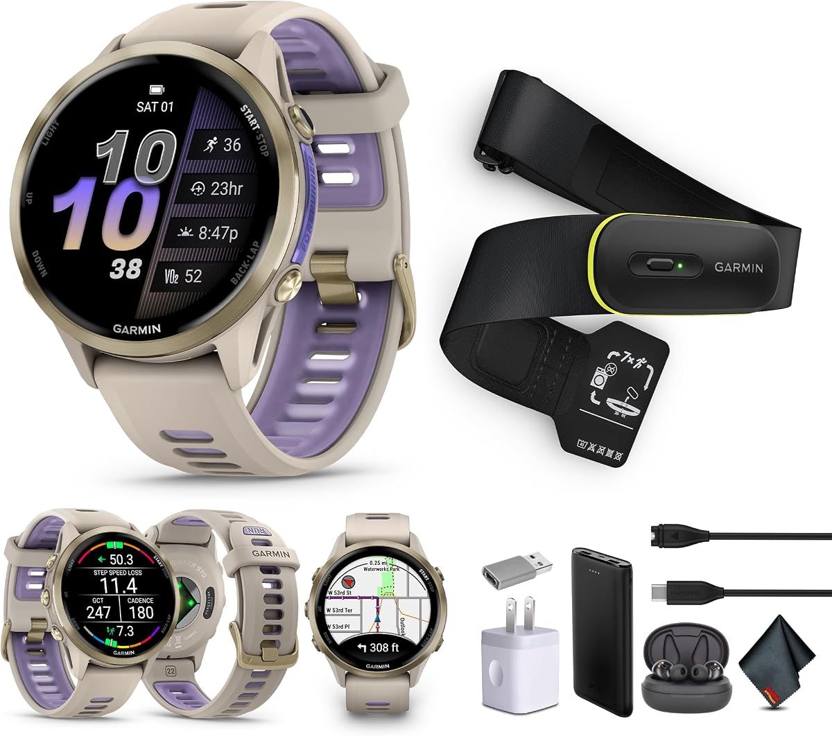 Reloj inteligente Garmin Forerunner 970 (oro suave) + paquete Access 600 M-XL | Para correr, entrenar y salud | Hombres y Mujeres | Reloj deportivo GPS | Incluye Access 600 Fitness Monitor M-XL y más