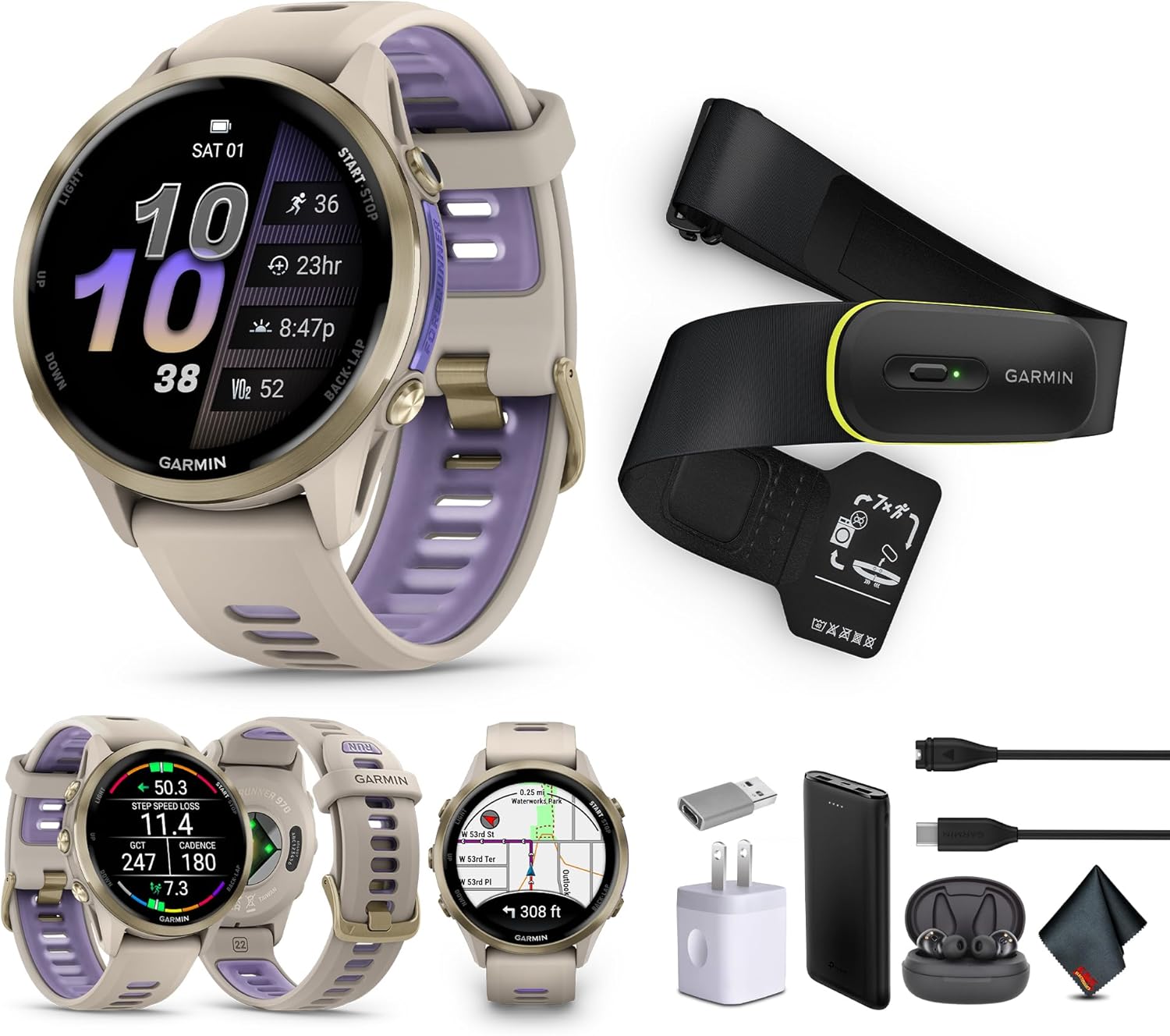 Garmin Forerunner 970 Running Smartwatch, GPS Fitness Watch for Men and Women, Soft Gold Titanium with French Gray Case/Translucent Indigo Band​ + Access 600 Fitness Monitor, M-XL​ + More