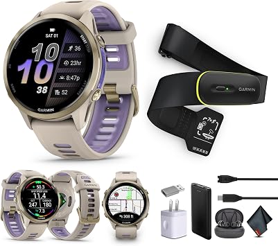 ساعة الجري الذكية Garmin Forerunner 970، ساعة اللياقة البدنية GPS للرجال والنساء، تيتانيوم ذهبي ناعم مع علبة رمادية فرنسية/حزام نيلي شفاف + شاشة اللياقة البدنية Access 600، M-XL + المزيد