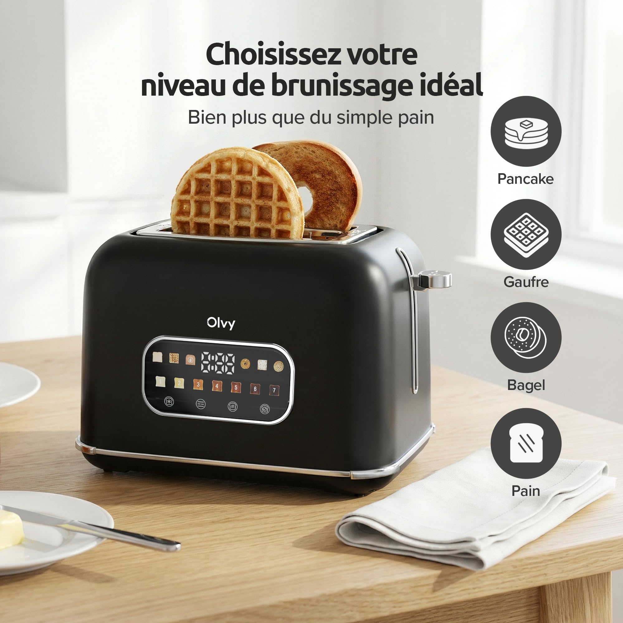 Olvy Grille-pain de luxe avec écran LCD et minuterie – Fentes extra larges (Décongeler/Réchauffer) – 7 niveaux de dorage – Black – 900 watts