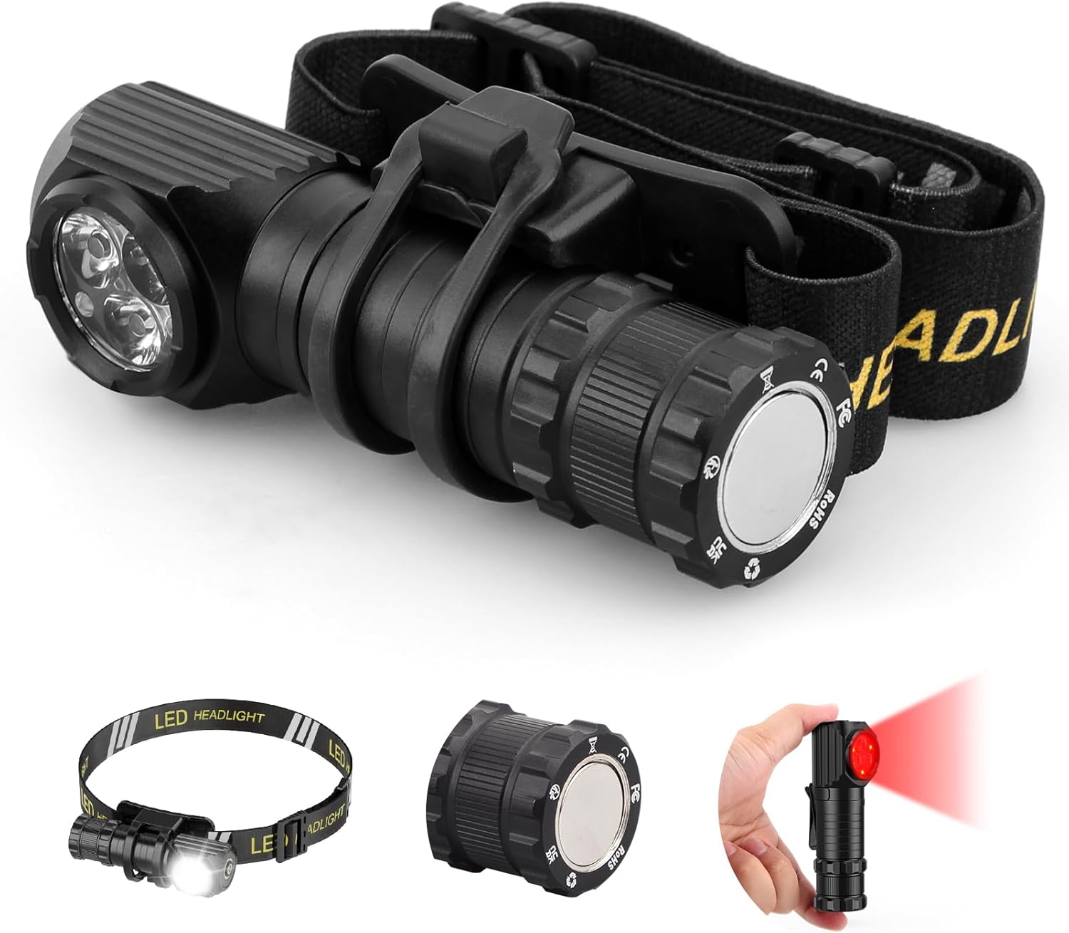 High Lumens LED Rechargeable Headlamp for Adults - Hard Hat Light Running Head Lamp Headlight with Red Light, Magnet, 180° Tilt, Detachable Flashlight & Headband, Outdoor, Emergency Use 1PC Black 1 Pack