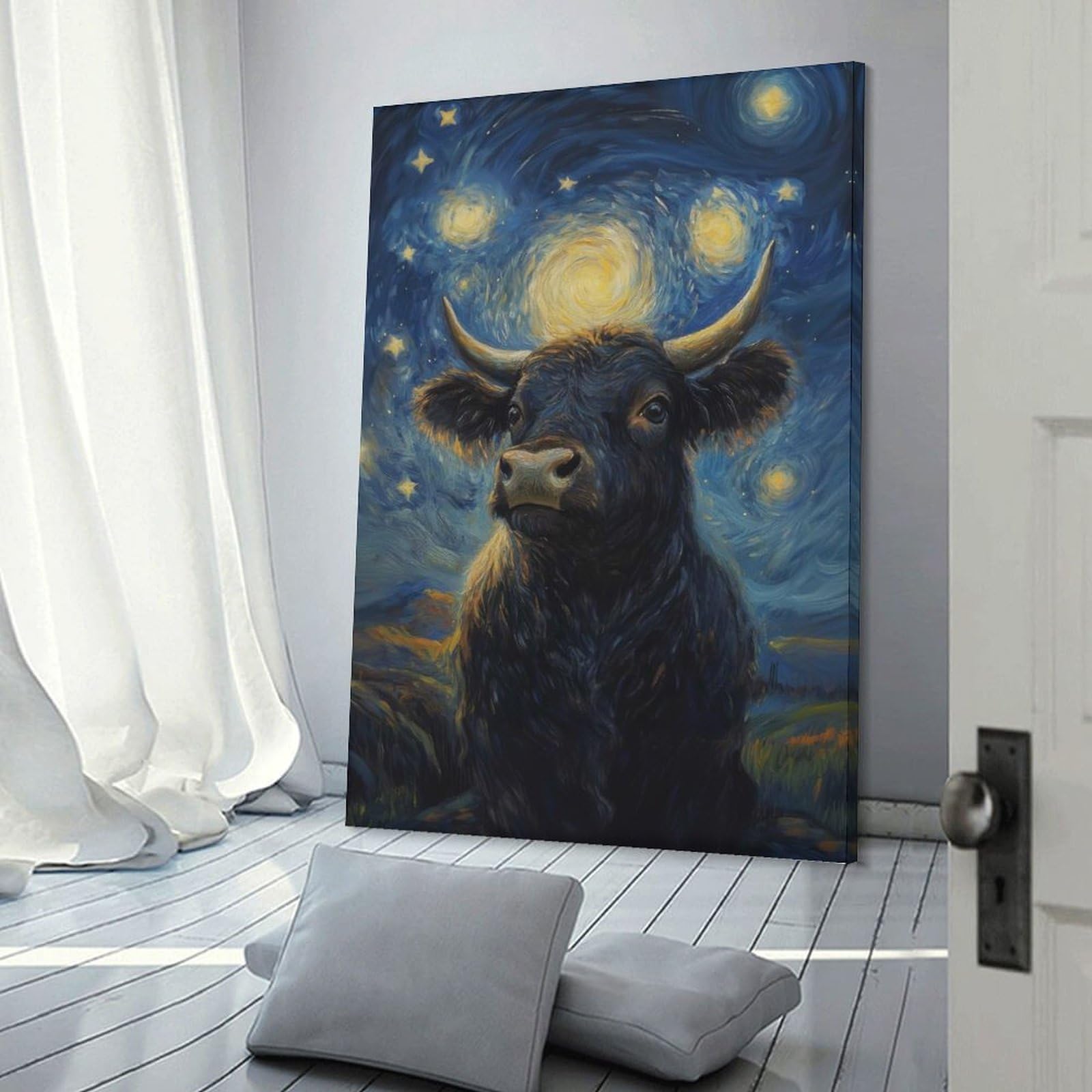 Junmoney Frame-Style-3 Starry Night Cow Wall Art Print 20X30inch(50X75cm), For Gallery Wall Layouts In Home Or Office, An Easy Match For Collected Prints