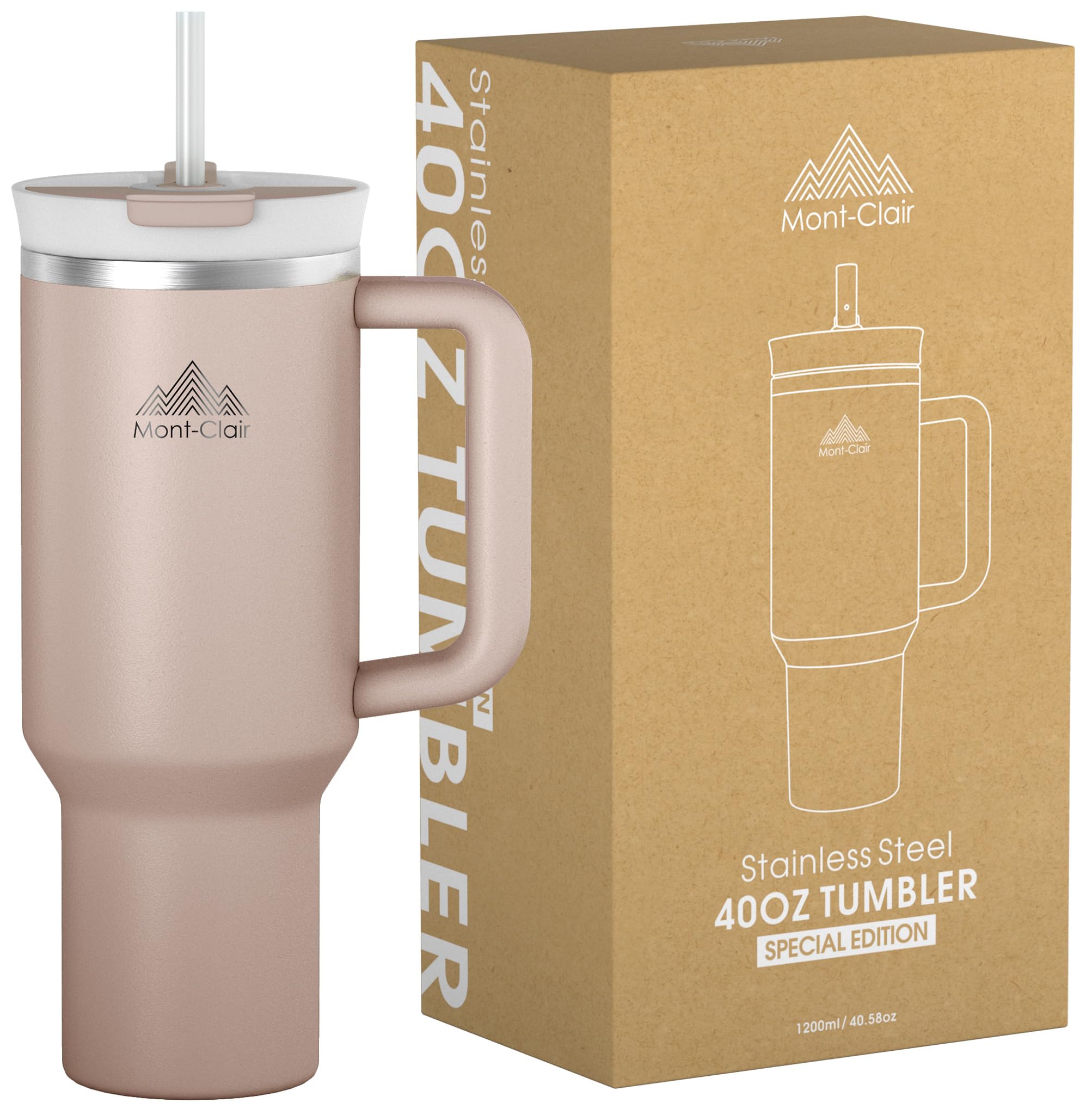Mont-Clair 40oz Tumbler with Straw and Lid - Leakproof Insulated Stainless Steel Travel Mug with Handle - Travel Mug - Cold or Hot for 10 Hours - Iced for 48 Hours - 1200ml - Almond