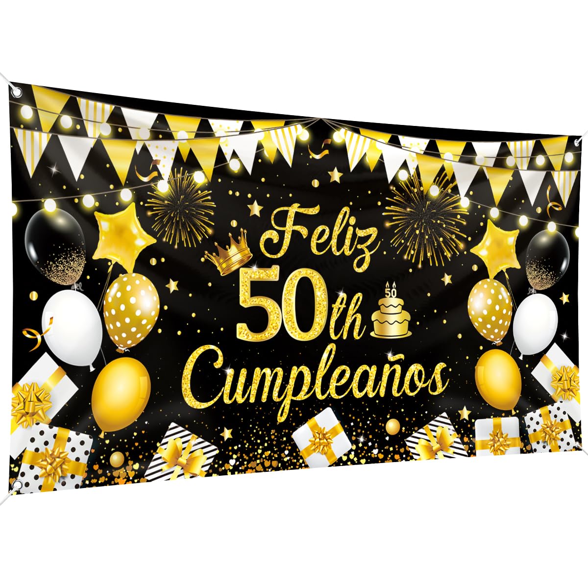 Pancarta fondo Feliz 50th Cumpleaños 200 x 110 cm, tamaño grande, pancarta feliz cumpleaños, pancarta fondo negro y dorado, suministros decoración fiesta cumpleaños, celebración fiesta cumpleaños