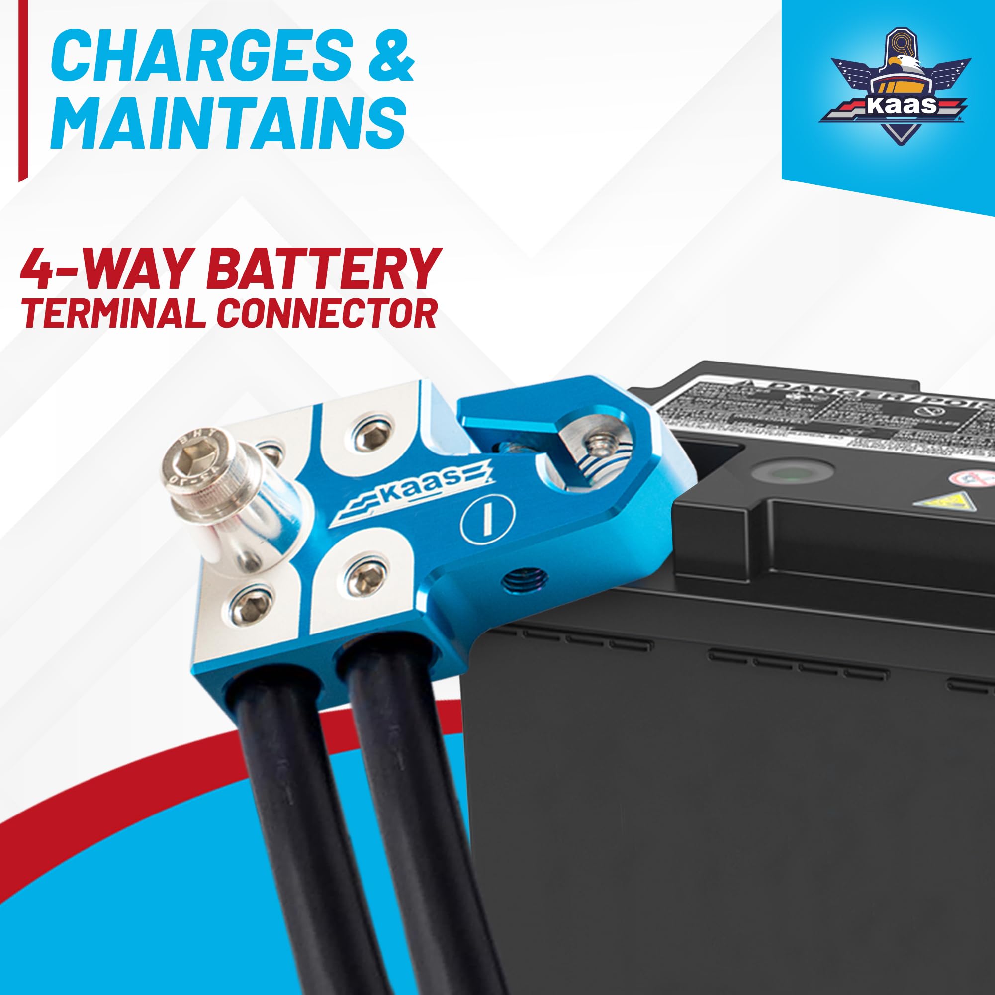 Kaas - Abrazaderas de terminal de batería de plomo ácido, juego positivo y negativo, para poste superior cónico SAE/DIN/EN, conectores de 4 vías, compatible con 8AWG a 4/0 AWG, incluye adaptador de