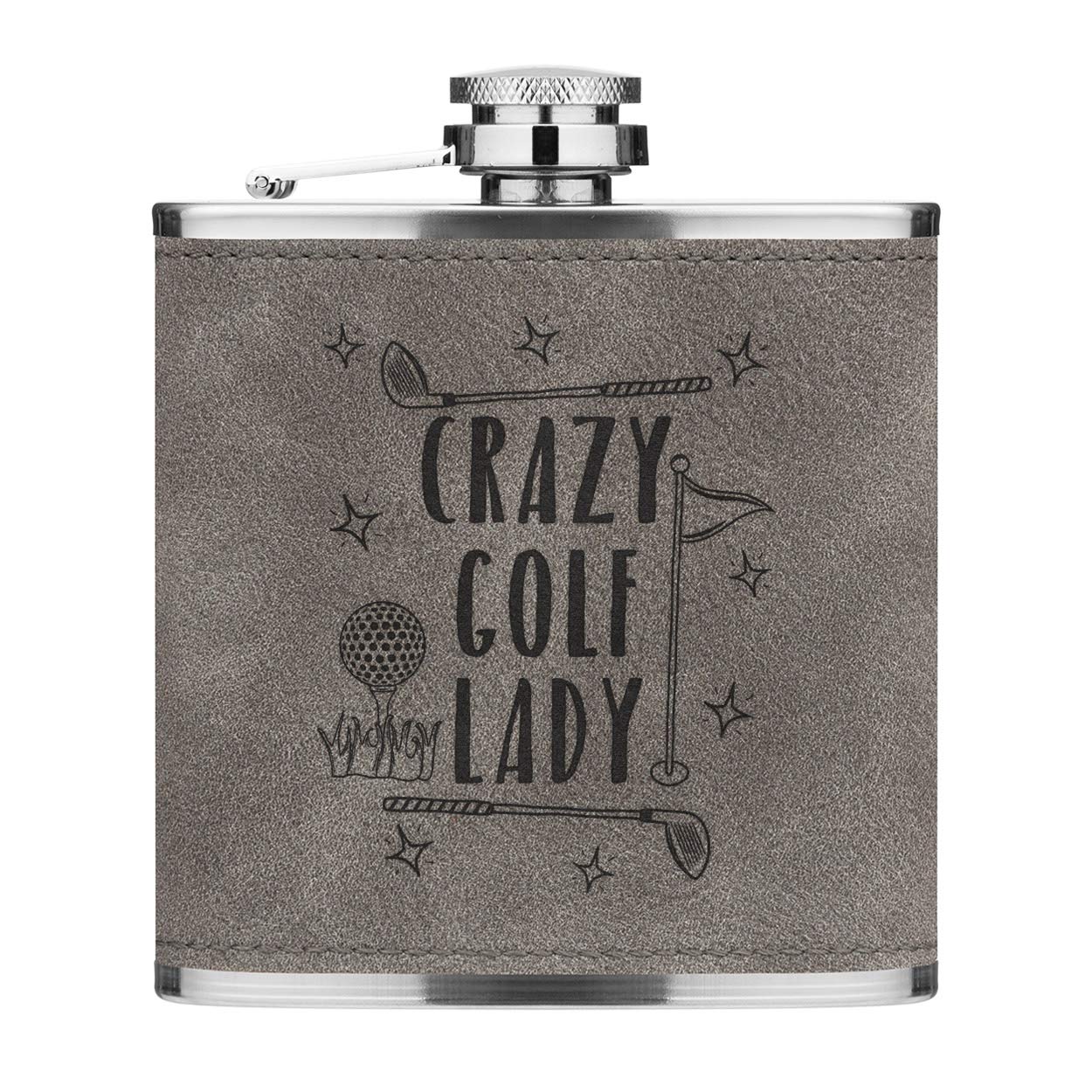 Crazy Golf Lady 6oz PU Leather Hip Flask Grey Luxe