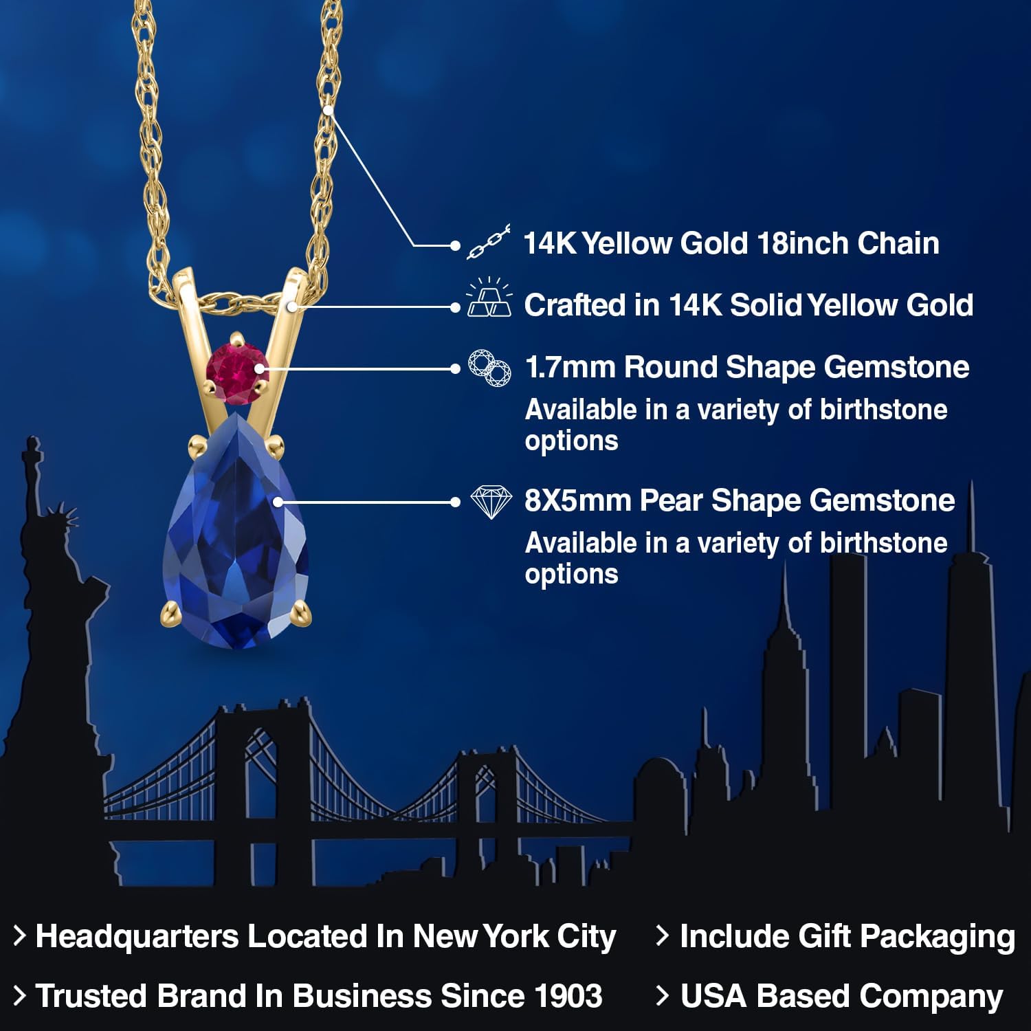 Gem Stone King 14K Yellow Gold Blue Created Sapphire and Red Created Ruby Pendant Necklace for Women | 1.13 Cttw | Gemstone September Birthstone | Pear Shape 8X5MM | With 18 Inch Chain - Image 2