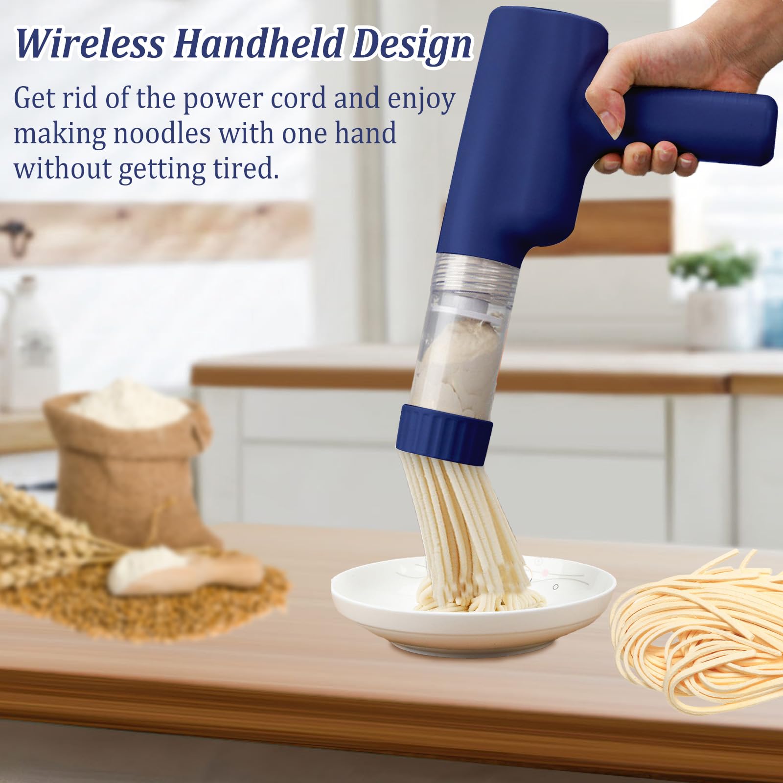 Máquina de Pasta Eléctrica de Mano, Máquina para Hacer Pasta Automática Portátil con 7 Accesorios para Espaguetis Multifuncional Máquinas para Pasta Fresca pare Fettuccine Salchichas Caseras Azul