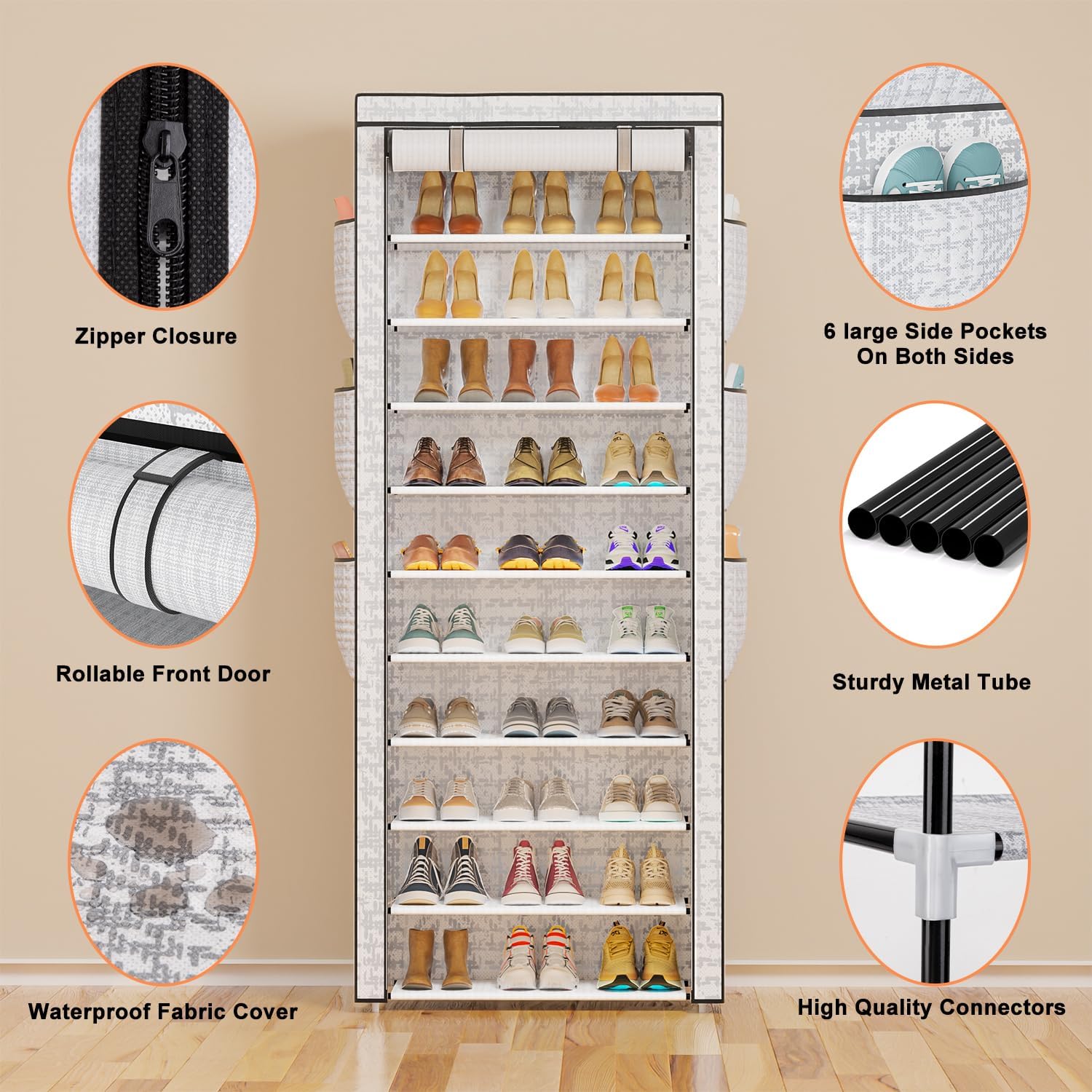 OYREL Shoes Rack 10 Tier Tall Shoe Rack with Storage Pockets, Fabric Covered Shoe Racks,Metal Shoes Rack Organizer for Closets,Bedroom, Garage
