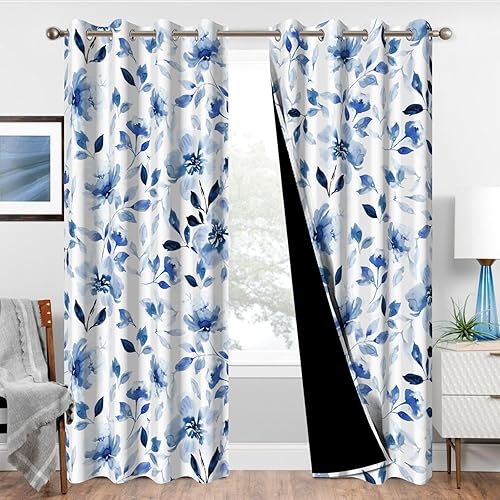 Cortinas opacas florales azules de 84 pulgadas de largo, juego de 2 paneles, estampado vintage, aislamiento térmico, cortinas de oscurecimiento con