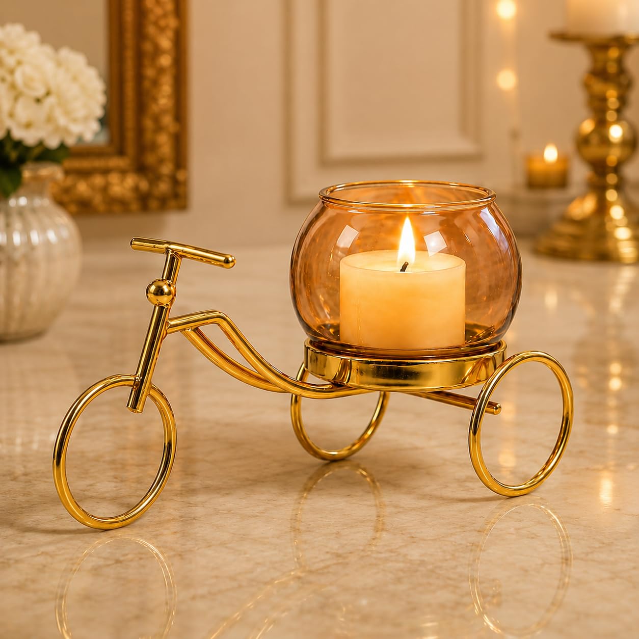 H M Decorative Metal Tricycle Candle Holder with Glass Bowl | Gold Tea Light Holder Stand, Vase for Home Decor, Decorative Plant Pot for Living Room, Aesthetic Home Decor Item & Return Gift-image-11