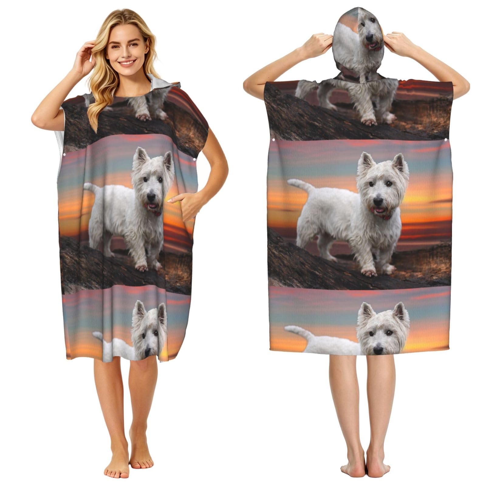 Poadnly West Highland White Terrier Dogs Mountains White, Adult Hooded Beach Towel 90 x 110 cm,Changing Bath Robe, Surf Poncho Towel For Women Men