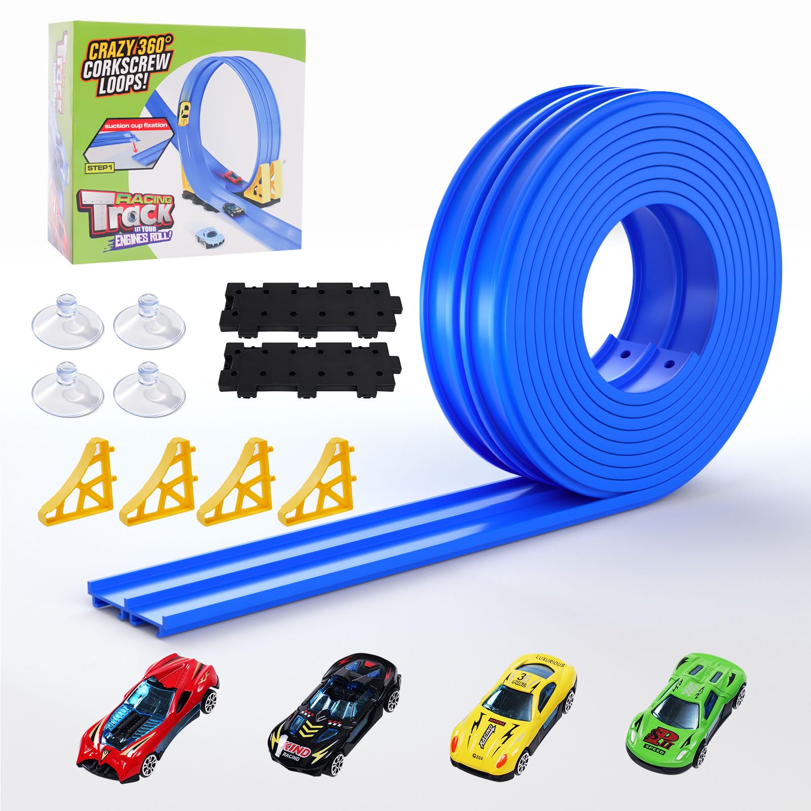 5-Foot Portable Race Car Track Set with 4 Toy Cars - Flexible Curved Ramp Road with Jump Loops for 1/64 Scale Model Vehicles, Blue Roll-Up Dual Lane Racetrack for Kids Ages 3 and Up (Blue)
