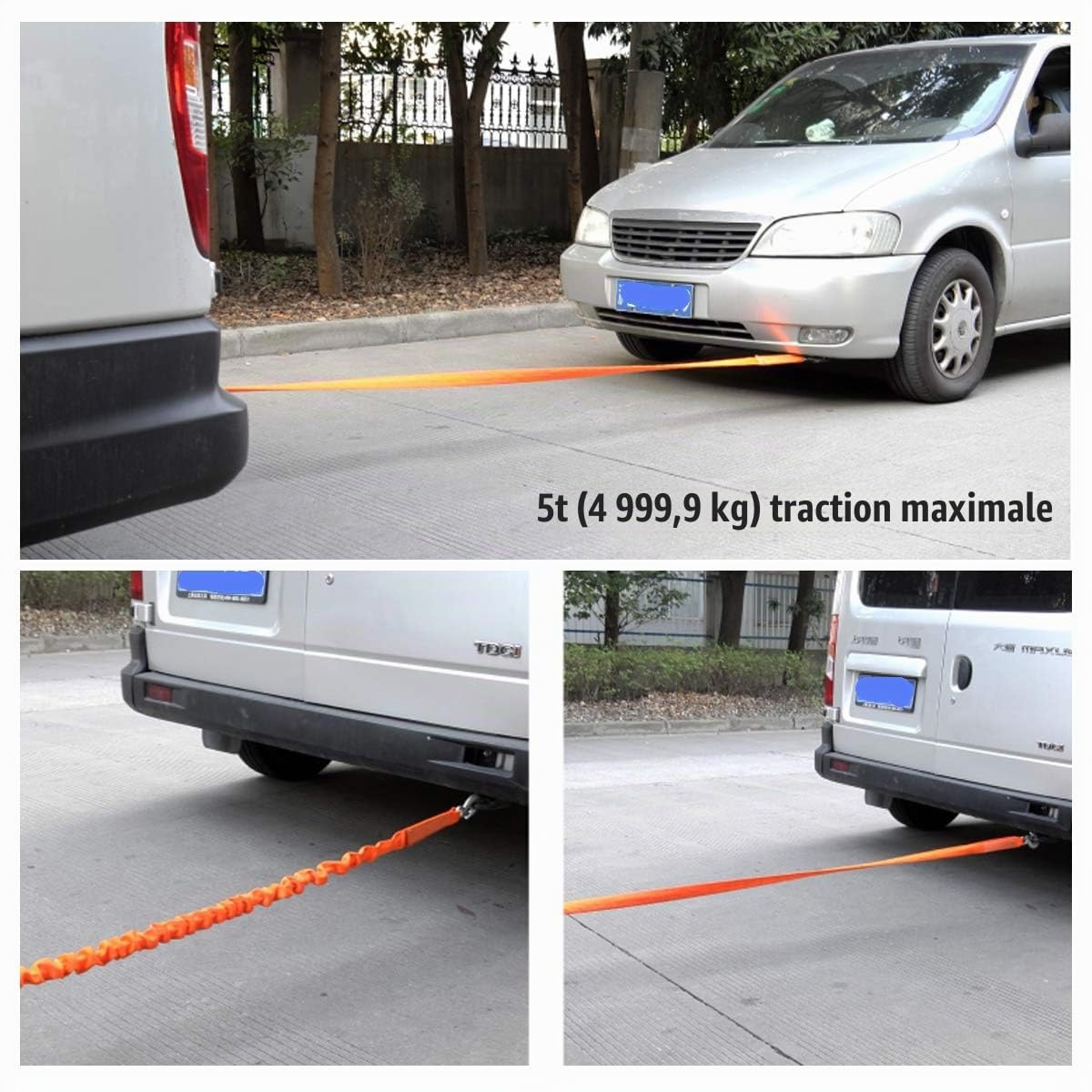 Câble de Remorquage de 5 Tonnes, Corde de Remorquage Élastique, 1,8 m Peut Être Étirée À 4 m, Sangle de Remorquage pour Voiture/SUV/Véhicule Agricole