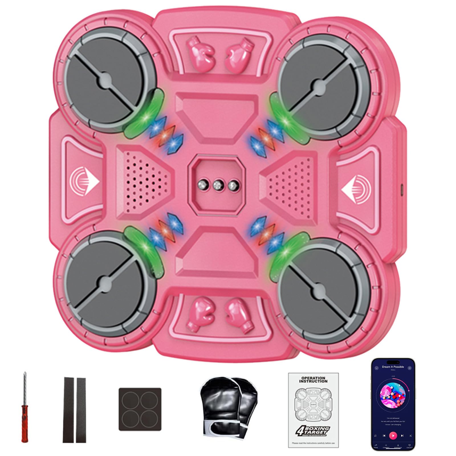 Music Boxings Machine, Smart Bluetooth Music Boxing Machine, Wall Mounted Smart Boxing Target, USB Charging Box Equipment with 3 Speed Levels, Sport Toy Gifts for Boys Girls (Pink-B)