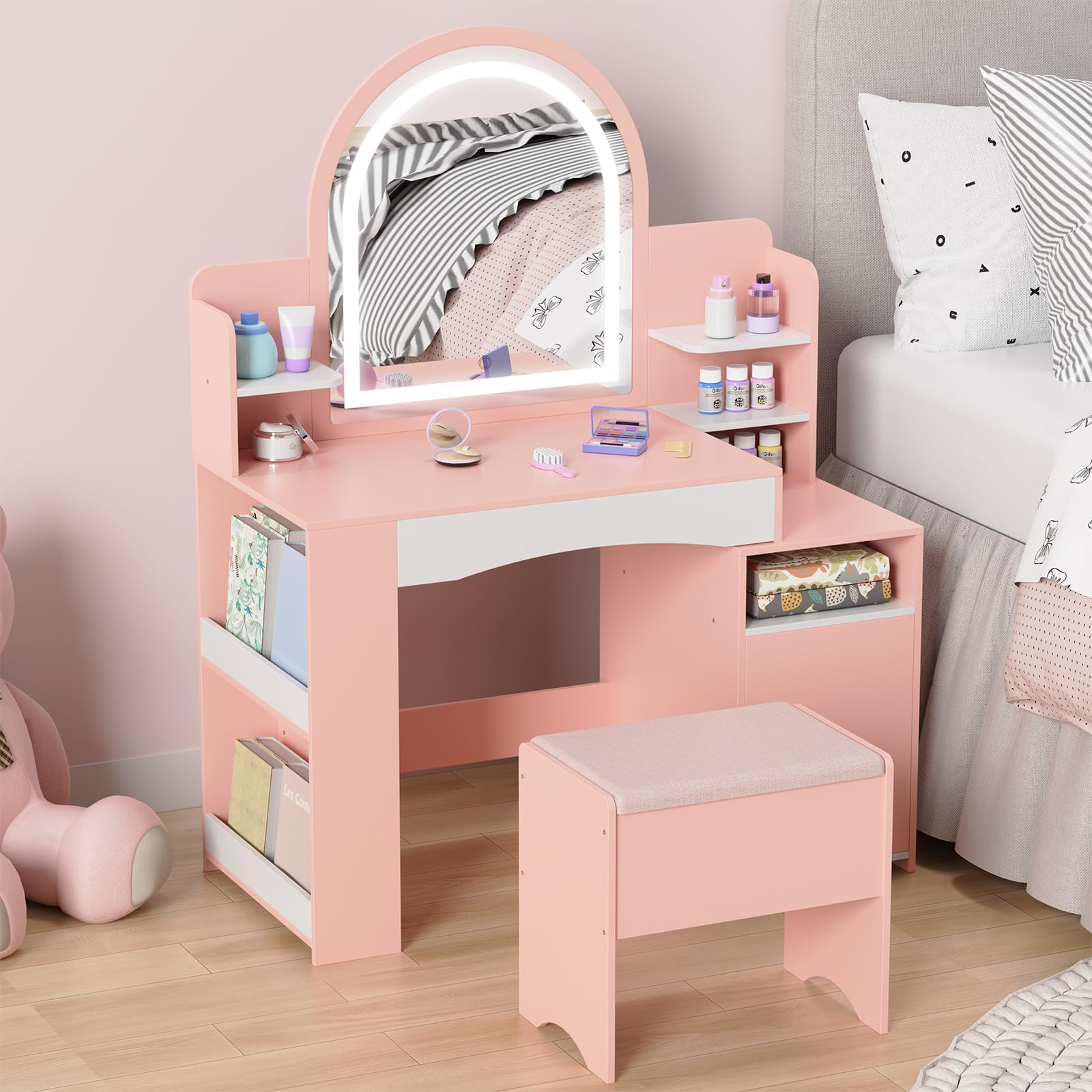 kids vanity kids vanity table and chair set with lights mirrorstorage ampshelves wooden dressingtable pretend play vanity for girls 5-7pink