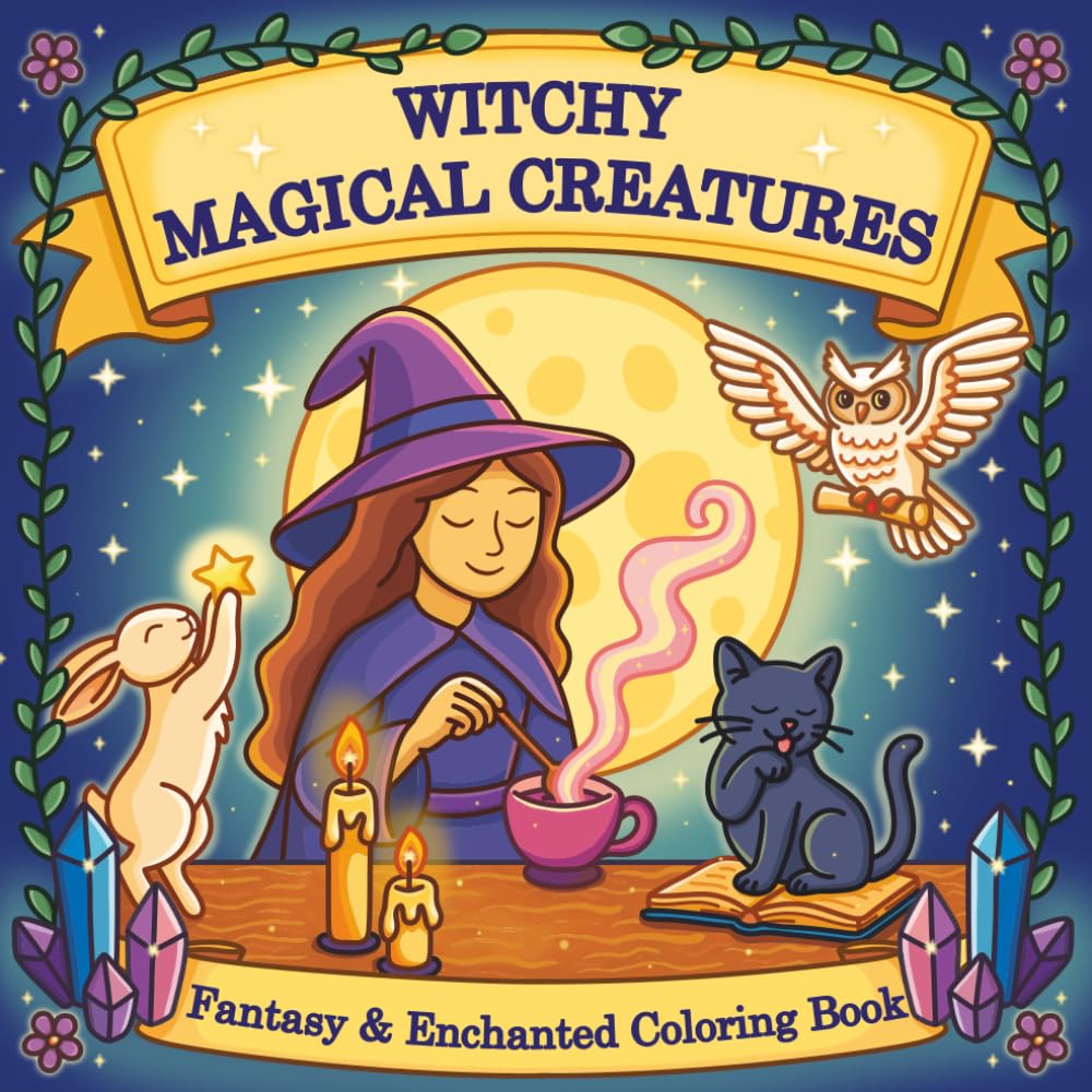 Witchy Magical Creatures Fantasy & Enchanted Coloring Book: Mystical Animals, Mythical Companions, Crystals, Potions, Rituals, Witchcraft and ... Relaxation, Stress Relief and Mindfulness