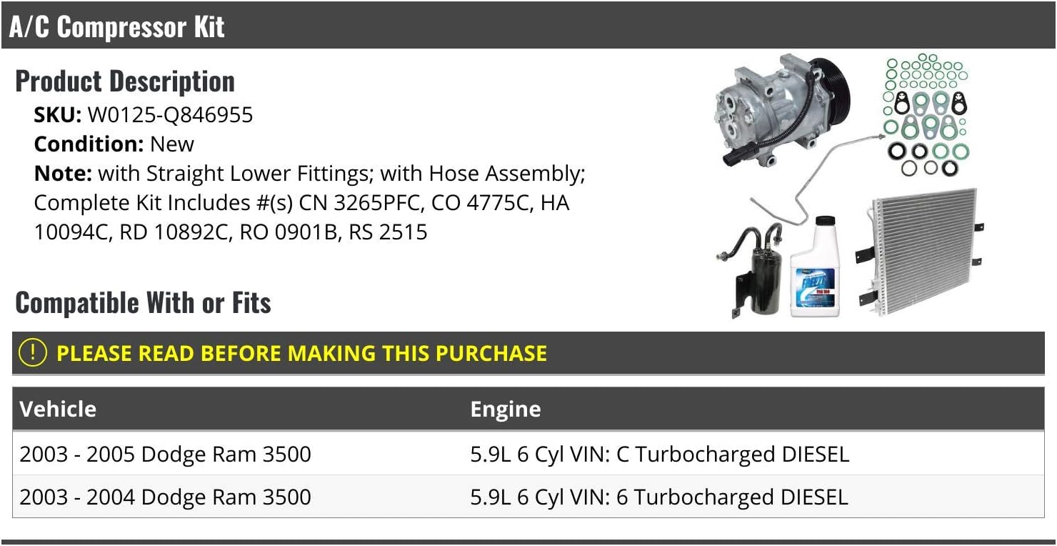 A/C Compressor Kit with Straight Lower Fittings - Compatible with 2003-2005 Dodge Ram 3500 5.9L 6-Cylinder Turbo Diesel (VIN C or 6)