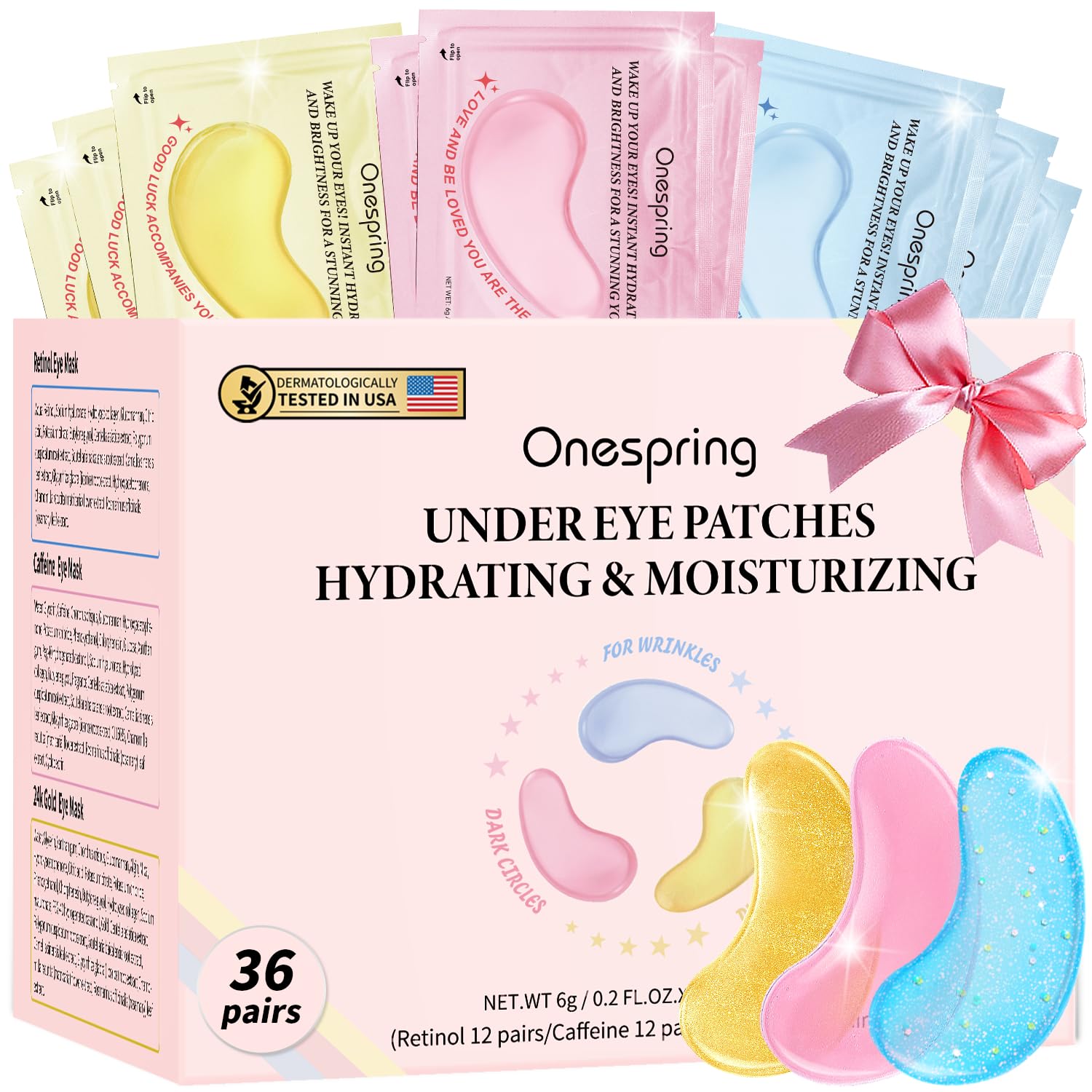 Onespring Eye Masks (36 Pairs) - Caffeine, Retinol, 24K Gold for Puffiness, Dark Circle, Wrinkles, Fine Lines - Firming Eye Gel Pads, Great for