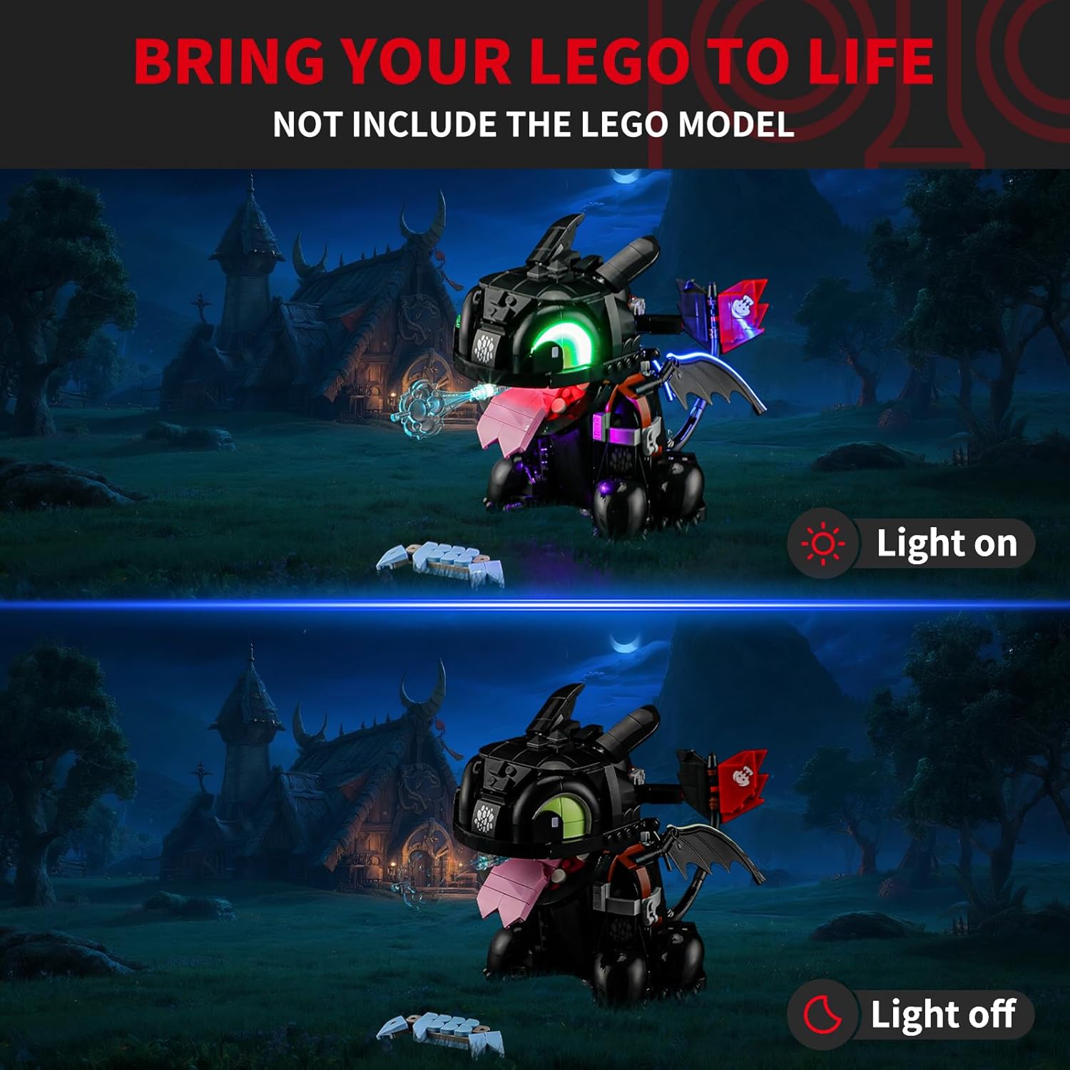 Comparison of LEGO Toothless with lights on and off