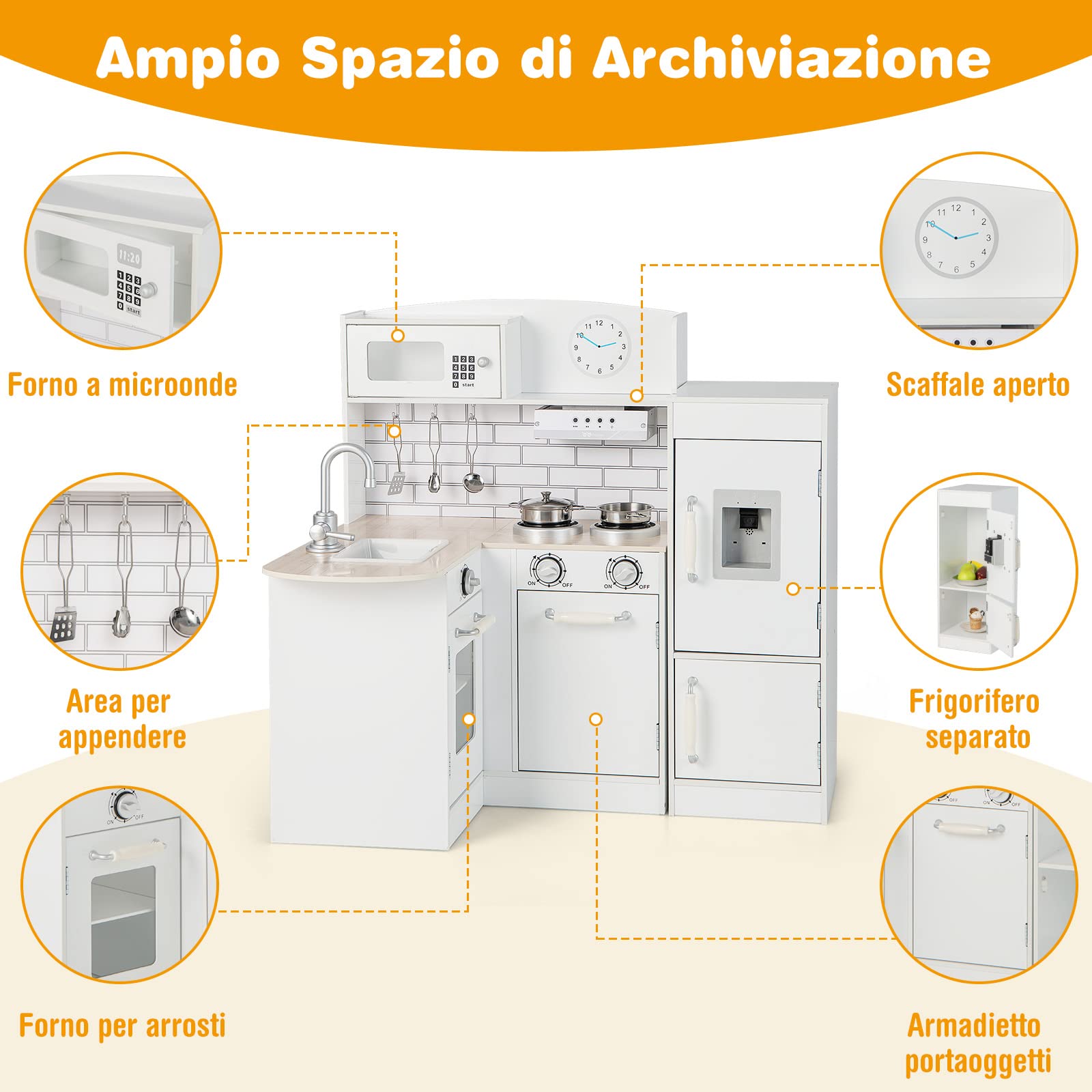 COSTWAY Cucina Giocattolo per Bambini, Cucina per Bambini in Legno con Lavello, Fornelli, Cappa, Frigorifero e Distributore d'Acqua, 3 Anni+