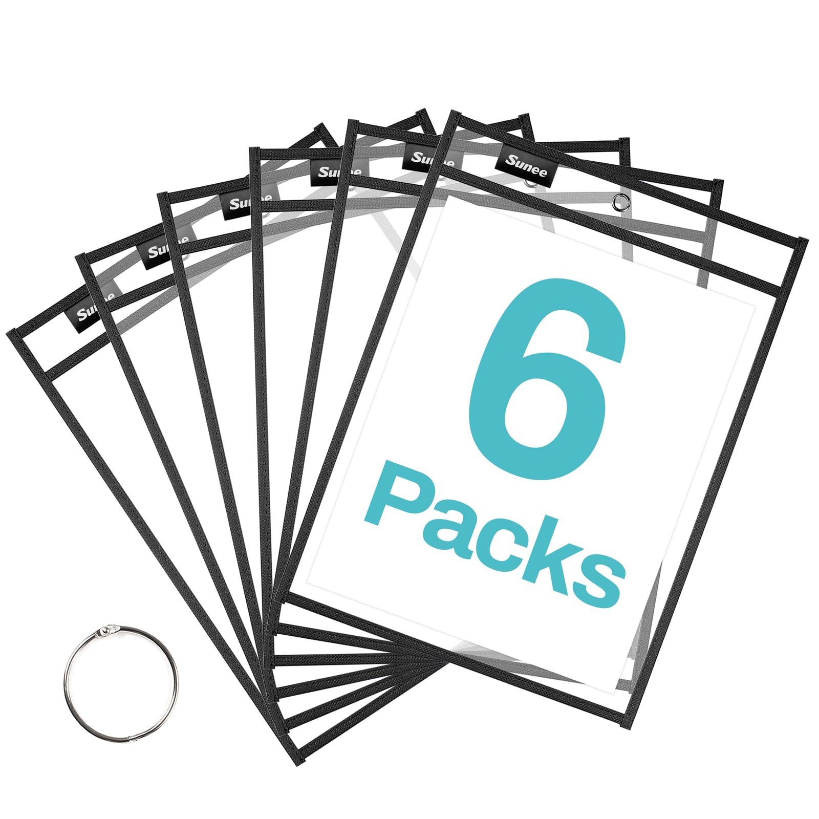 SUNEE 6 Packs Oversized Reusable Dry Erase Pocket Sleeves with Ring, Black 10x14 Ticket Holders, Clear Plastic Sheet Protectors, Teacher School Classroom Supplies