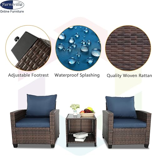 Miniatura 5 de Juego de 3 sillas de mimbre de ratán con mesa de centro, muebles de exterior, juegos de muebles de balcón (marrón Gary)