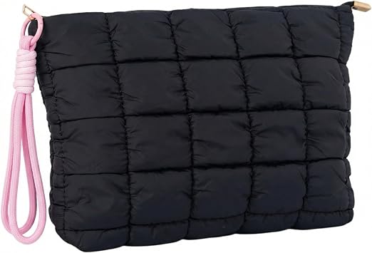 Black Puffer Quilted Makeup Bag for Women with Wrist Straps - 10" Roomy Puffy Cosmetic Pouch, Travel Toiletry Organizer Bag BK-WS-PI