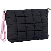 Black Puffer Quilted Makeup Bag for Women with Wrist Straps - 10" Roomy Puffy Cosmetic Pouch, Travel Toiletry Organizer Bag BK-WS-PI
