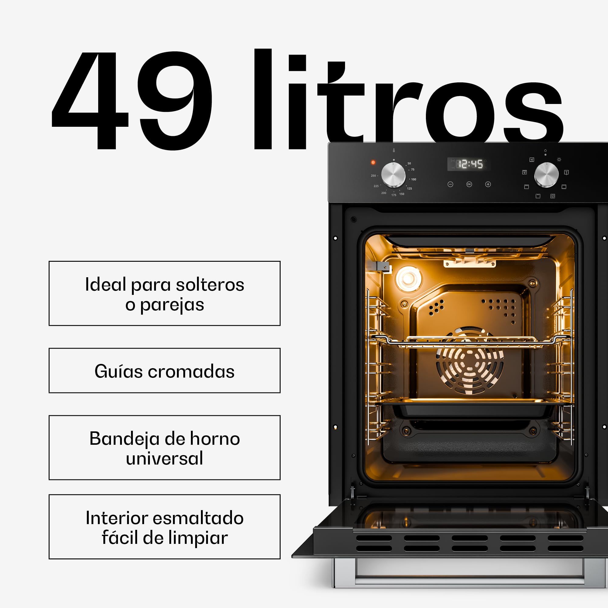 Klarstein Verosteel Horno Eléctrico Empotrable 45 cm - 49L, 8 Modos, Clase A, Acero Inoxidable & Cristal Negro, Fácil Limpieza, Temporizador, Horno Integrable Compacto