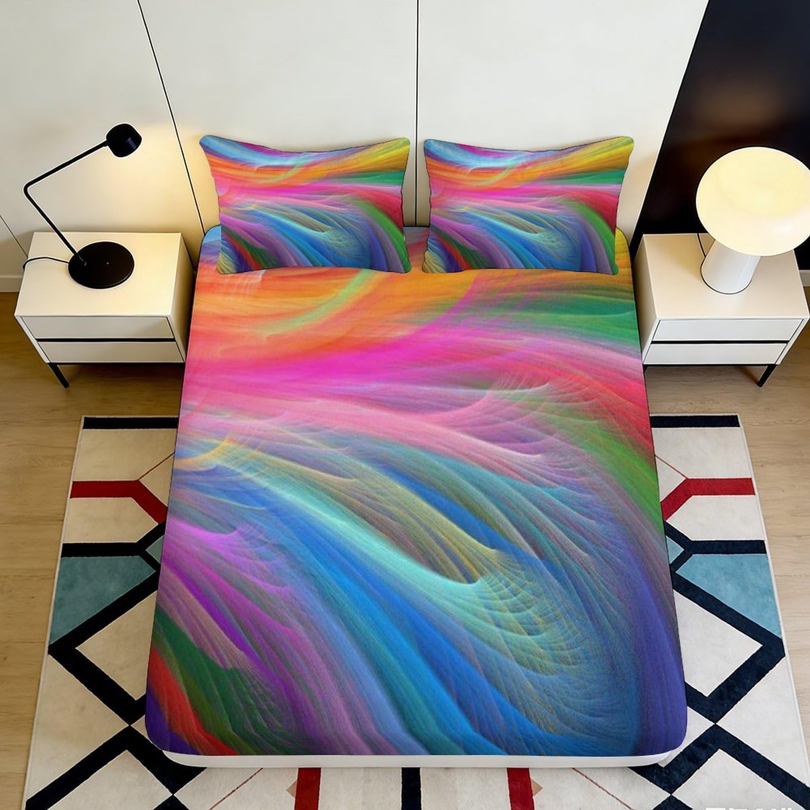 3D Printed Rainbow Wave Fitted Sheet Microfiber Soft Colourful Abstract Pattern Bed Cover for Bedroom Dorm Decor 90x200x25cm