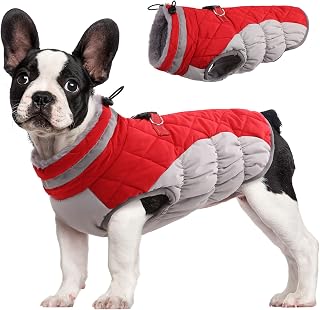 FUAMEY Waterproof Dog Winter Coat with Harness - Reflective Fleece Jacket for Small Dogs, Windproof Snowsuit, Red S (XS-XXXL)