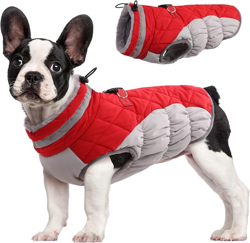 FUAMEY Dog Coat for Small Dogs, Fleece Dog Winter Jacket with Harness | Puppy Cold Weather Coats Reflective Pet Puffer Vest with Zipper Water-Resistant Warm Dogs Snowsuit Windproof Red S
