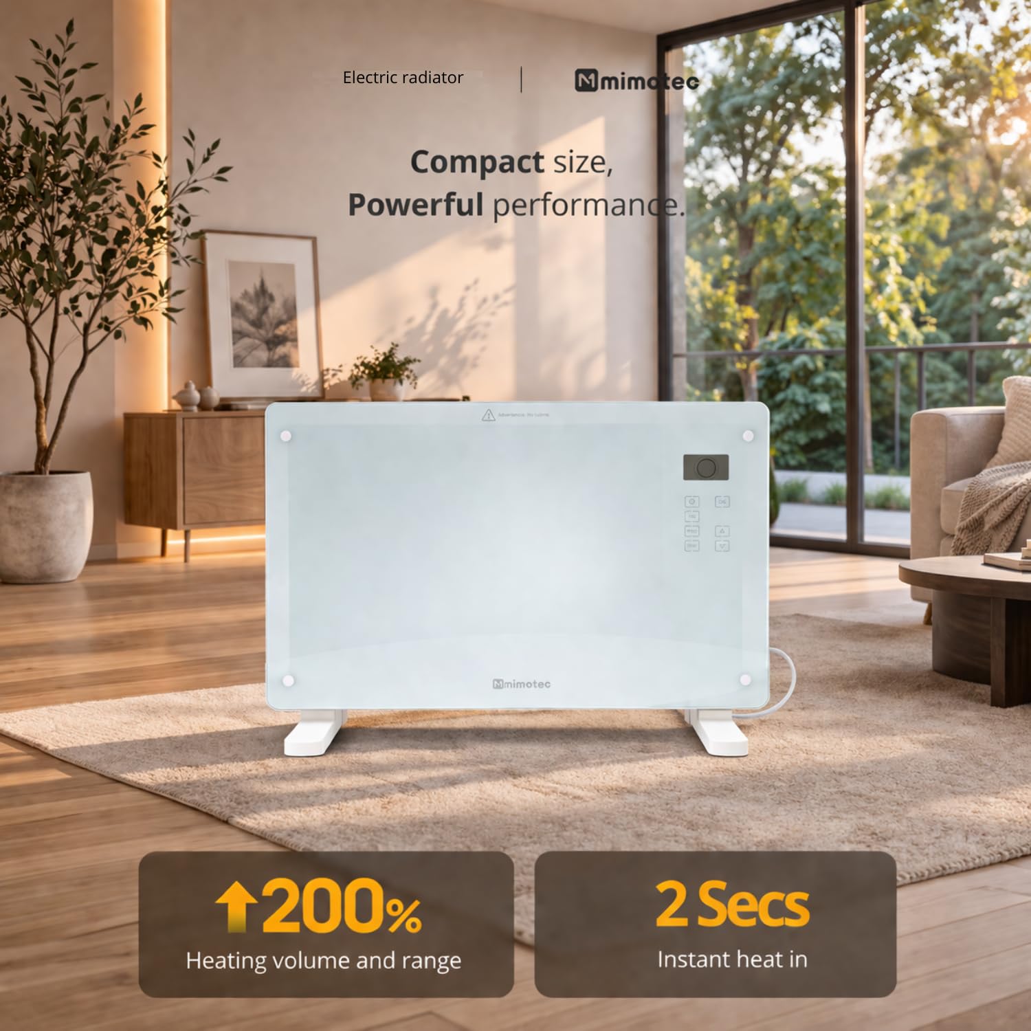 M Mimotec Elektryczny grzejnik konwektorowy 2000 W, biały szklany grzejnik konwektorowy, cichy 0 dB, wyświetlacz LED, timer i blokada przed dziećmi, montaż na podłodze lub ścianie, idealny do