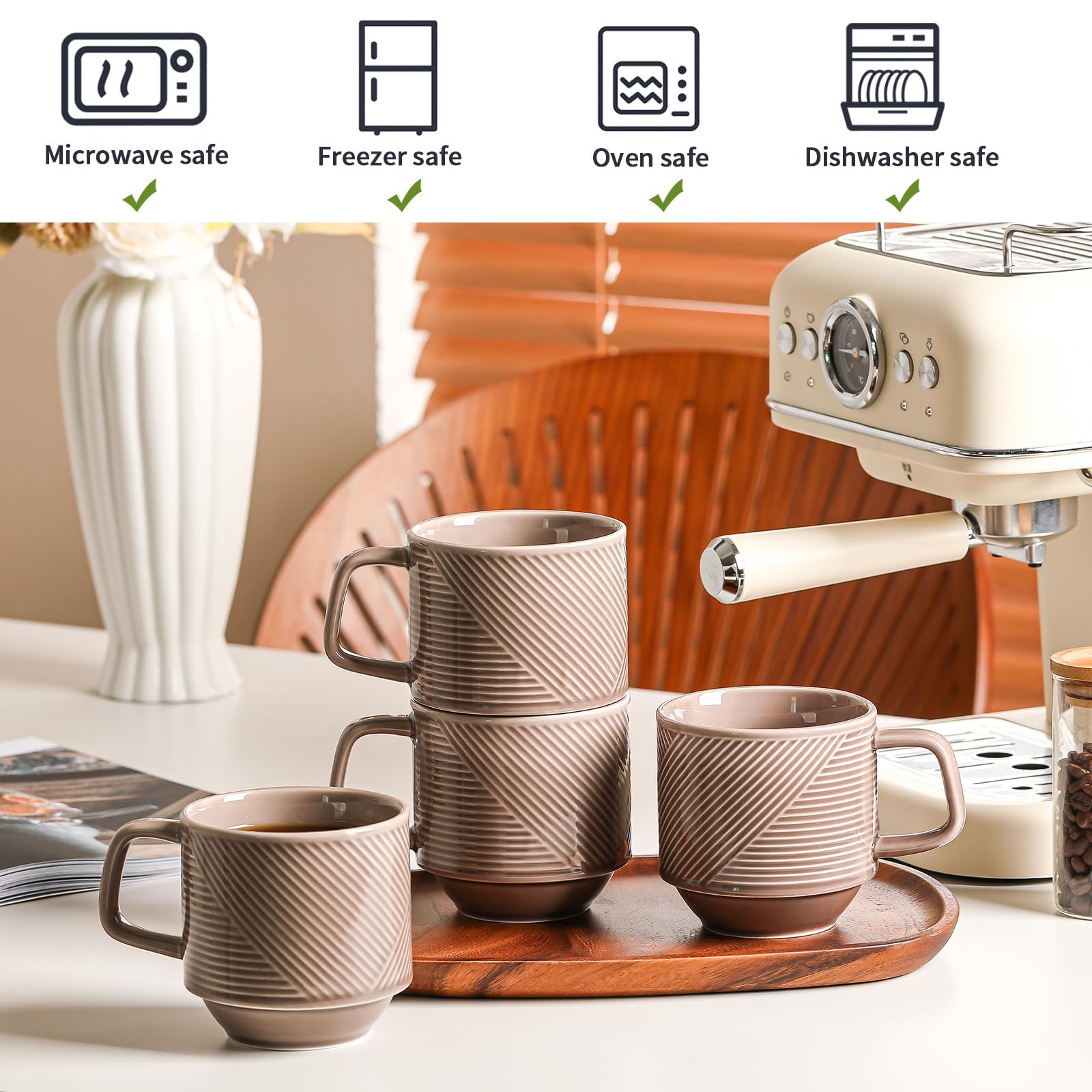 Juego de tazas de café apilables: tazas apilables de cerámica de 13 onzas para té capuchino con leche, taza apta para microondas para el hogar y la oficina, 4 unidades, color gris