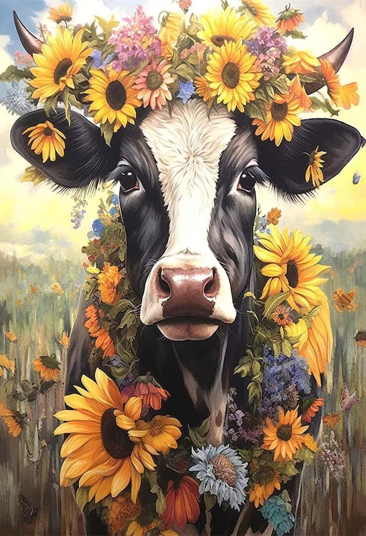 5D DIY Diamante Art Pintura kit Completo, Diamond Painting Adultos Niños Rhinestone Bordado de Punto de Cruz Artes Pintura Painting, Cuadros Decor para Cuarto, Sala de Estar - (Ganado girasol) 60x90cm